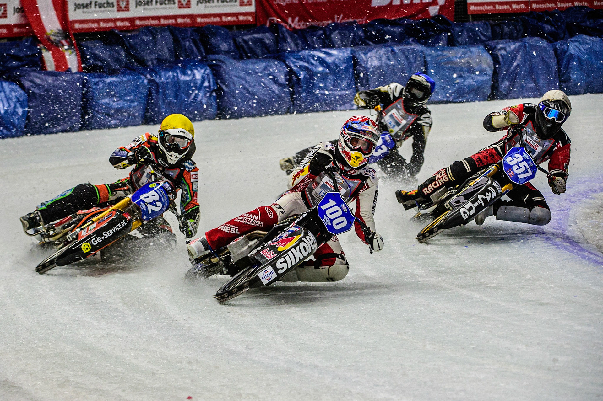 Franz Zorn (100) (Red) leads Markus Jell (82) (Yellow) Jo Saetre (357) (White) and Franz Mayerbüchler (93) (Blue) during the Ice Speedway Gladiators World Championship Final 1 at Max-Aicher-Arena, Inzell, Germany on Saturday 18th March 2023. (Photo: Ian Charles | MI News)