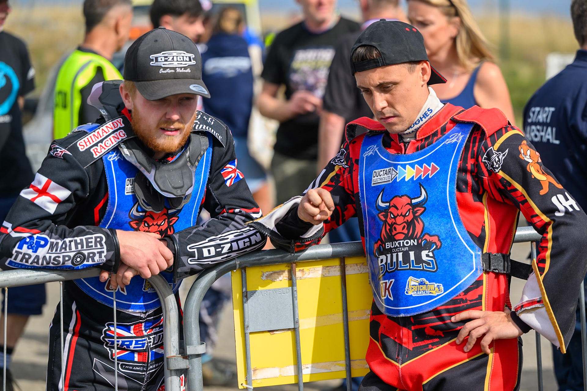 Jack Shimelt of Buxton Bulls (Left)  with Luke Harris of Buxton Bulls during the WSRA National Development League match  between Buxton Bulls and Middlesborough Tigers at Hi-Edge Speedway, Buxton on Sunday 16th August 2026. (Photo: Ian Charles | MI News)