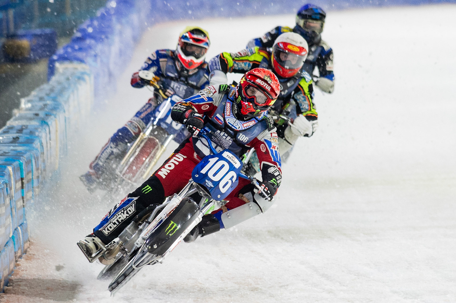 Photo: Ian Charles

Dmitri Koltakov (106) leads Johann Weber (33) Dmitri Khomitsevich (919) and Niclas Svensson (192) 

FIM Ice Speedway Gladiators World Championship, Event 5.2, Ice Rink Thialf, Heerenveen, Netherlands Sunday  31  March  2019