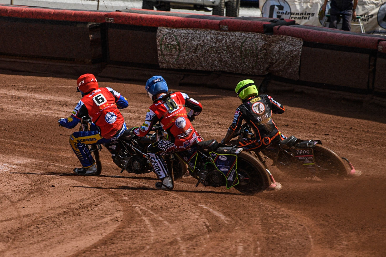Paco Castagna (Red) leads Jake Mulford (Blue) and Leon Flint (Yellow) during the Sports Insure Premiership match between Belle Vue Aces and Wolverhampton Wolves at the National Speedway Stadium, Manchester on Monday 29th May 2023. (Photo: Ian Charles | MI News)
