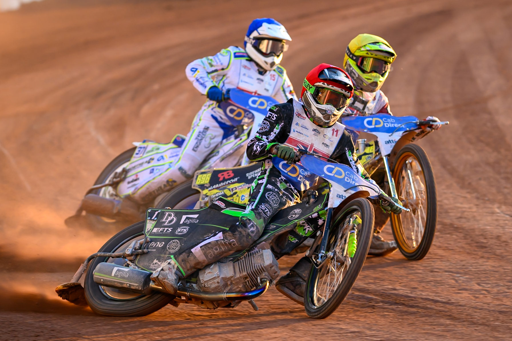 Charles Wright (11) in Red leading Ace Pijper (3) in Yellow and Chris Harris (15) in Blue during the Cab Direct British Speedway Championship Final at the National Speedway Stadium, Manchester on Saturday 15th August 2026. (Photo: Ian Charles | MI News)