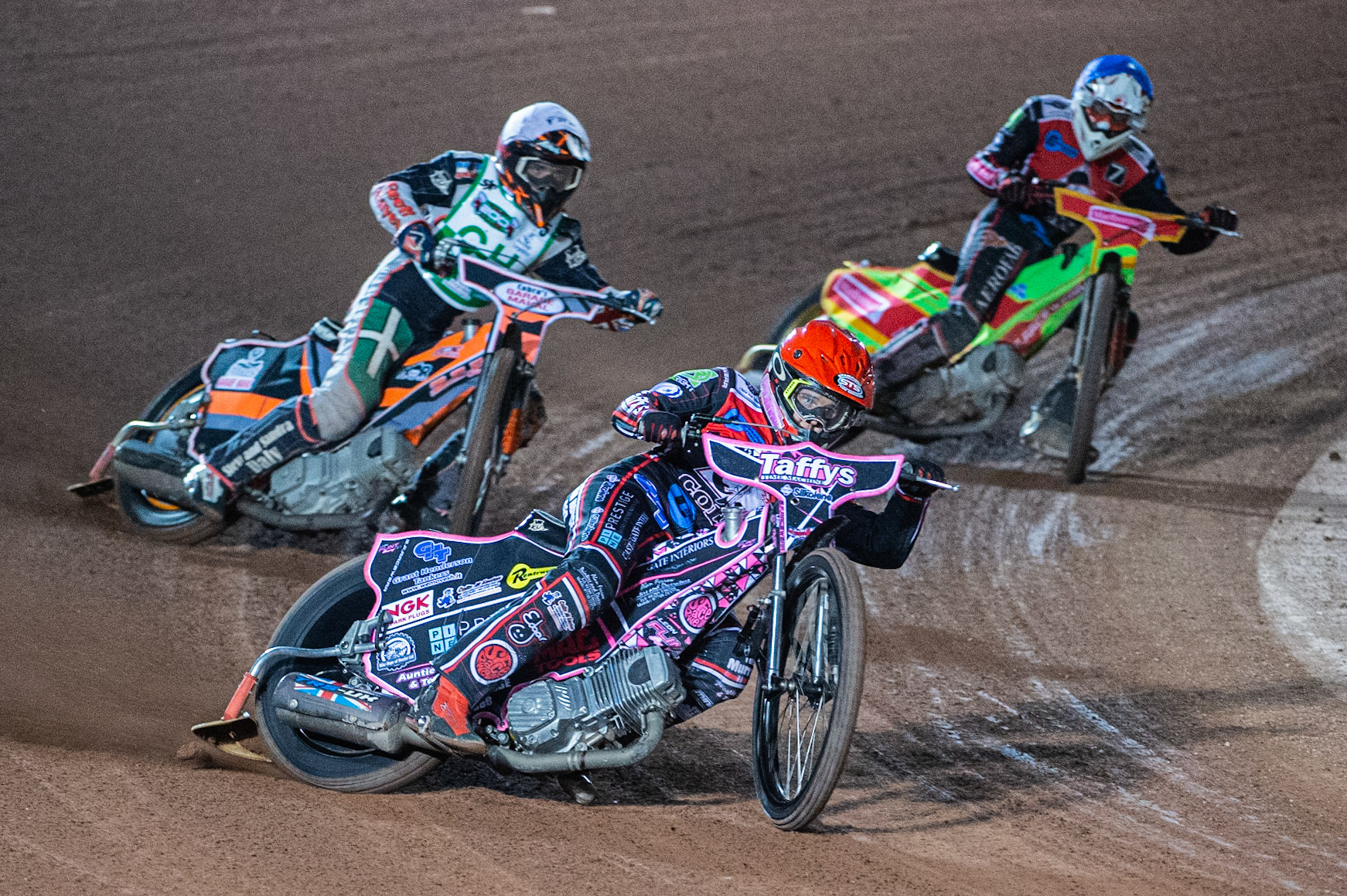 Photo: Ian Charles

Leon Flint  (Red) leads Connor Coles  (White) and Ben Woodhull  (Blue)

Belle Vue Colts v Cradley Heathens, SGB National League KO Cup Semi Final 2nd Leg, Belle Vue National Speedway Stadium, Manchester, Wednesday 18  September  2019
