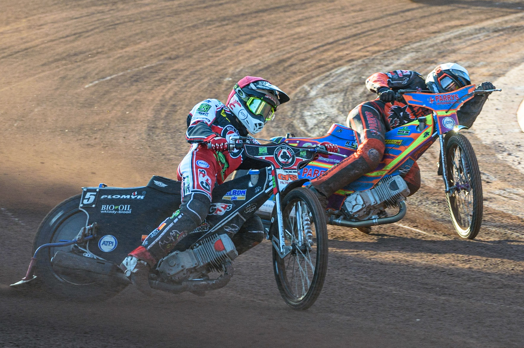 MANCHESTER, UK. JULY 15TH   Dan Bewley  (Red) outside Rory Schlein  (White) during the SGB Premiership match between Belle Vue Aces and Wolverhampton Wolves at the National Speedway Stadium, Manchester on Thursday 15th July 2021. (Credit: Ian Charles | MI News)