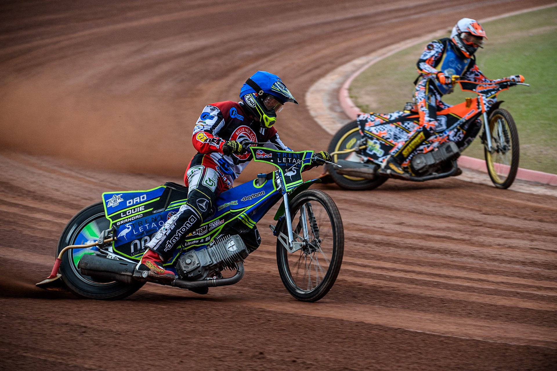 Luke Muff (Blue) outside Mickie Simpson (White) during the National Development League match between Belle Vue Colts and Edinburgh Monarchs Academy at the National Speedway Stadium, Manchester on Friday 21st July 2023. (Photo: Ian Charles | MI News)