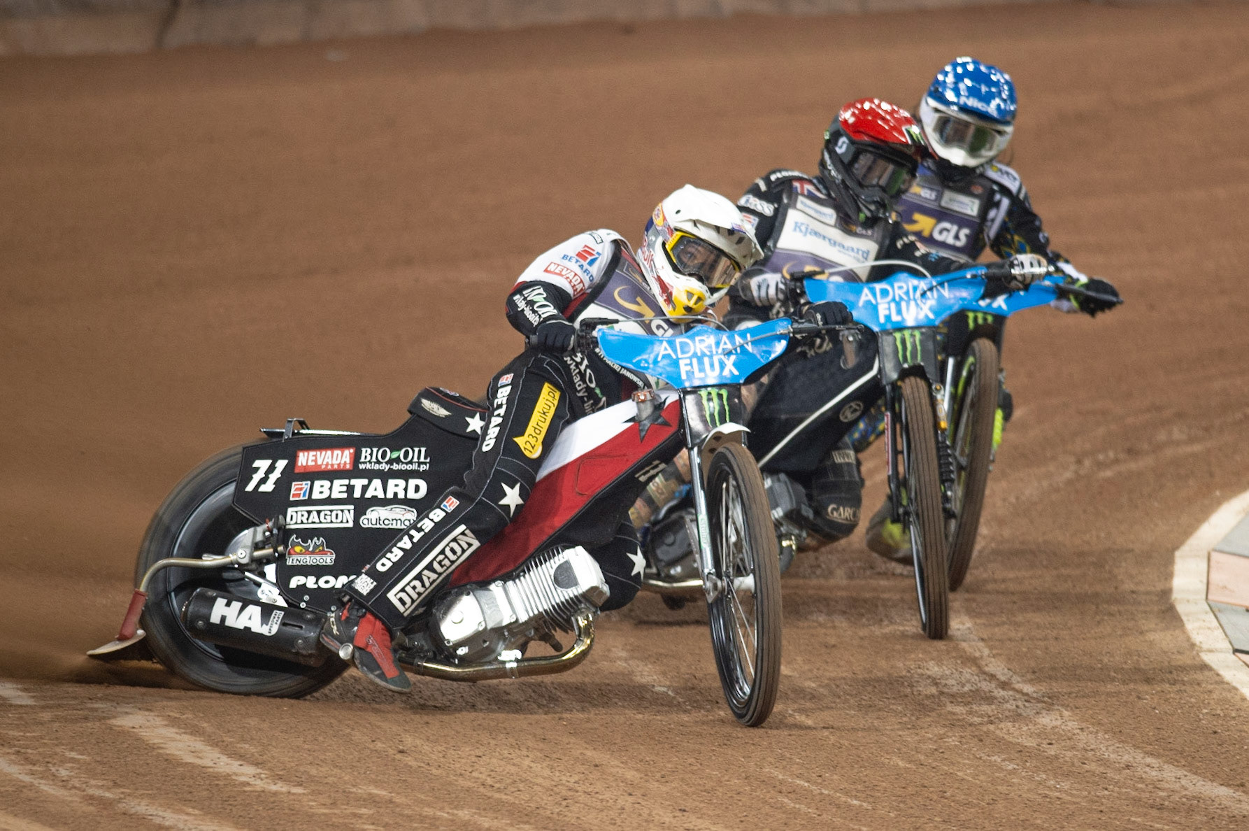 CARDIFF,WALES  Maciej Janowski (White) leads Tai Woffinden (Red) and Antonio Lindback (Blue) during the ADRIAN FLUX BRITISH FIM SPEEDWAY GRAND PRIX at the Principality Stadium, Cardiff on Saturday 21st September 2019. (Credit: Ian Charles | MI News)