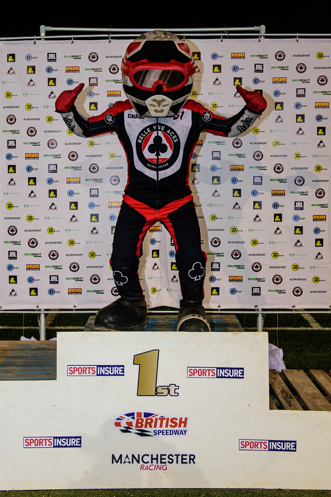 MANCHESTER, UK. OCT 23RD  Chase The Ace gets on the podium before the prize giving during the Peter Craven Memorial Trophy event at the National Speedway Stadium, Manchester on Saturday 23rd October 2021. (Credit: Ian Charles | MI News)