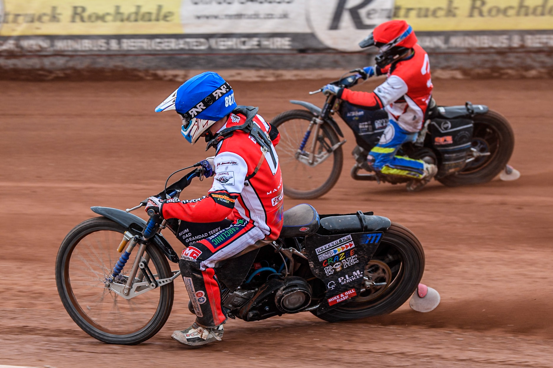 Belle Vue Colts' Billy Budd in Blue on the inside  team mate Jack Kingston in Red during the WSRA National Development League match between Belle Vue Colts and Leicester Lion Cubs at the National Speedway Stadium, Manchester on Friday 18th April 2025. (Photo: Ian Charles | MI News)