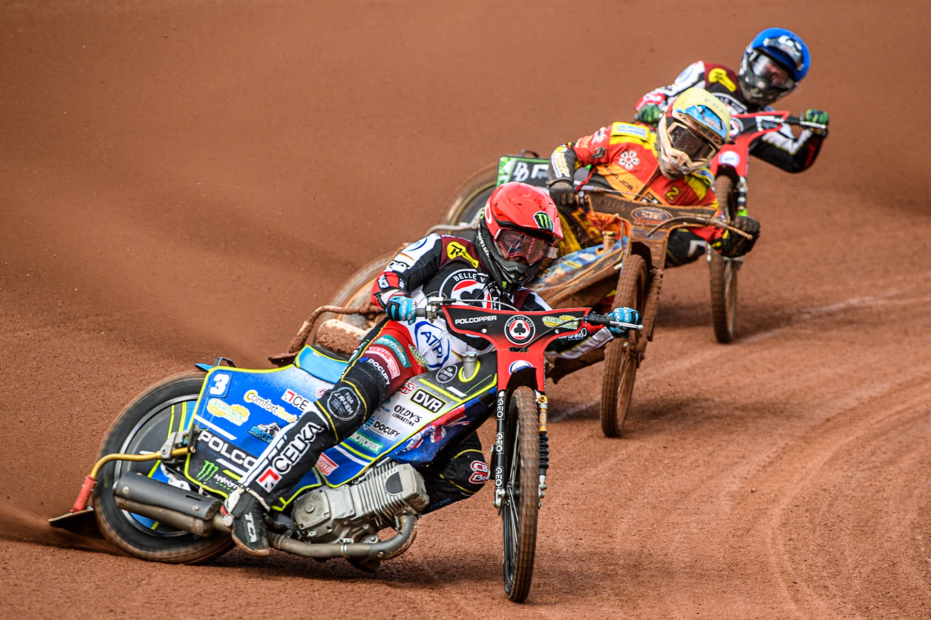 Jaimon Lidsey (Red) leads  Richie Worrall (White) and Charles Wright (Blue) during the Sports Insure Premiership match between Belle Vue Aces and Leicester Lions at the National Speedway Stadium, Manchester on Monday 28th August 2023. (Photo: Ian Charles | MI News)