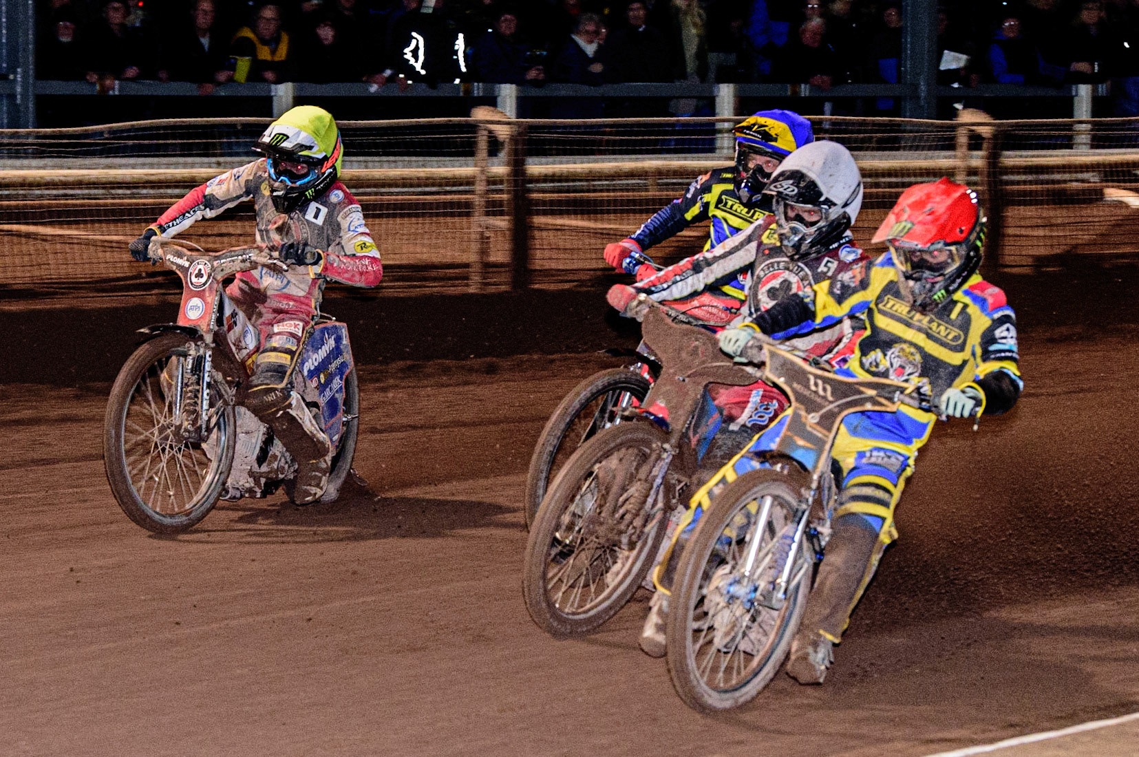 Jack Holder  (Red) leads Brady Kurtz  (White), Dan Bewley  (Yellow),  and Tobiasz Musielak  (Blue) during the Sheffield Tigers vs Belle Vue Aces meeting in the SGP Premiership at Owlerton Stadium, Sheffield on Thursday 23rd March 2023. (Photo: Ian Charles | MI News)