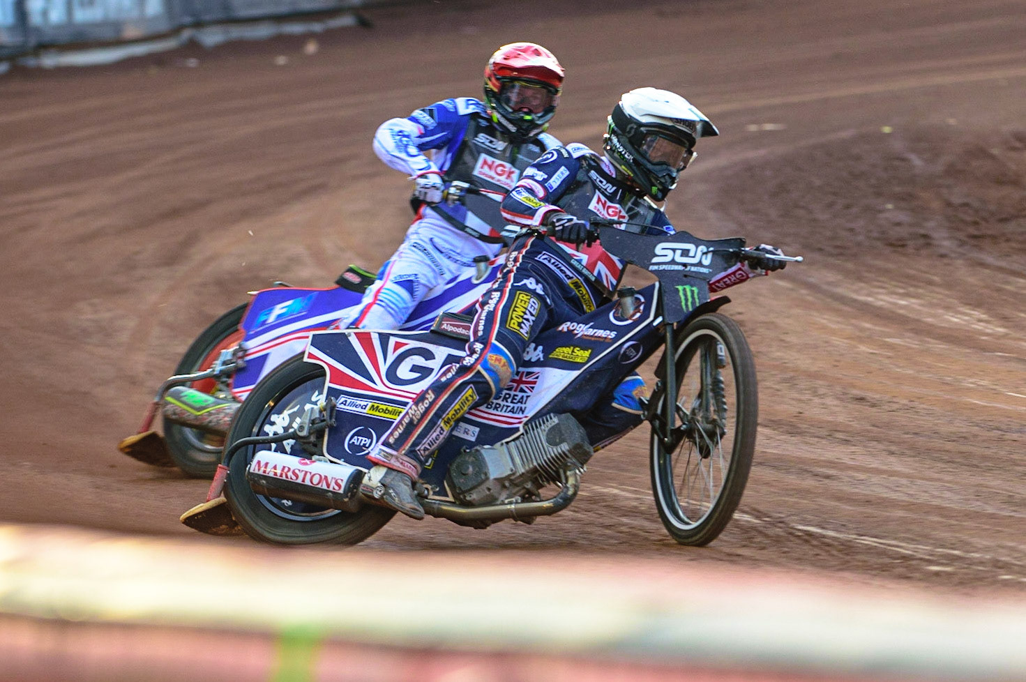 MANCHESTER, UK. OCT 16TH Tai Woffinden of Great Britain (White) leads David Bellego of France (Red) during the Monster Energy FIM Speedway of Nations at the National Speedway Stadium, Manchester on Saturday  16th October 2021. (Credit: Ian Charles | MI News)
