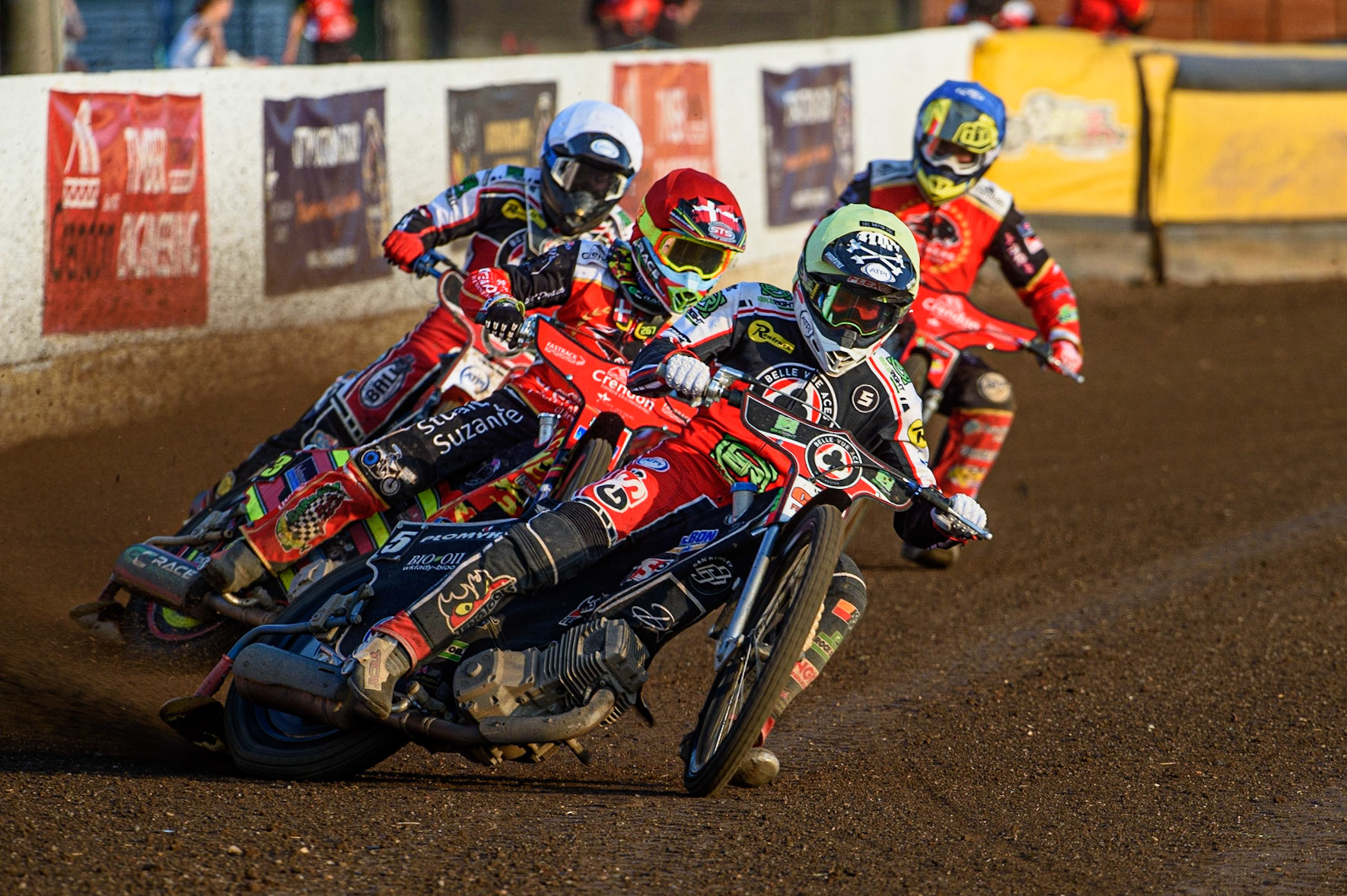 PETERBOROUGH, UK. JULY 19TH   Dan Bewley  (Yellow) on his way to breaking the Peterborough track record as he leads Michael Palm-Toft  (Red) Brady Kurtz  (White) and Scott Nicholls   (Blue)during the SGB Premiership match between Peterborough and Belle Vue Aces at East of England Showground, Peterborough on Monday 19th July 2021. (Credit: Ian Charles | MI News)