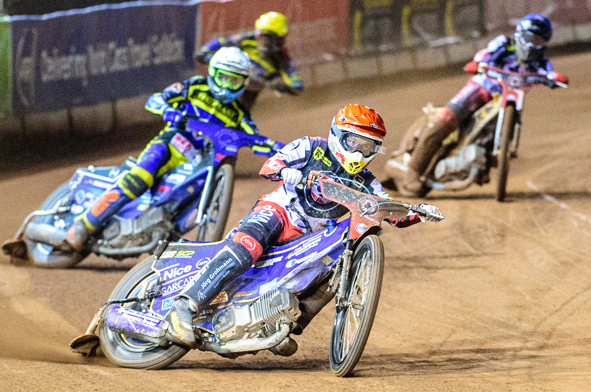 Robert Lambert  (Red) leads Adam Ellis  (White) Kyle Howarth  (Yellow) and Norick Blödorn  (Blue) during the SGB Premiership Grand Final 1st leg between Belle Vue Aces and Sheffield Tigers at the National Speedway Stadium, Manchester on Monday 10th October 2022. (Credit: Ian Charles | MI News)