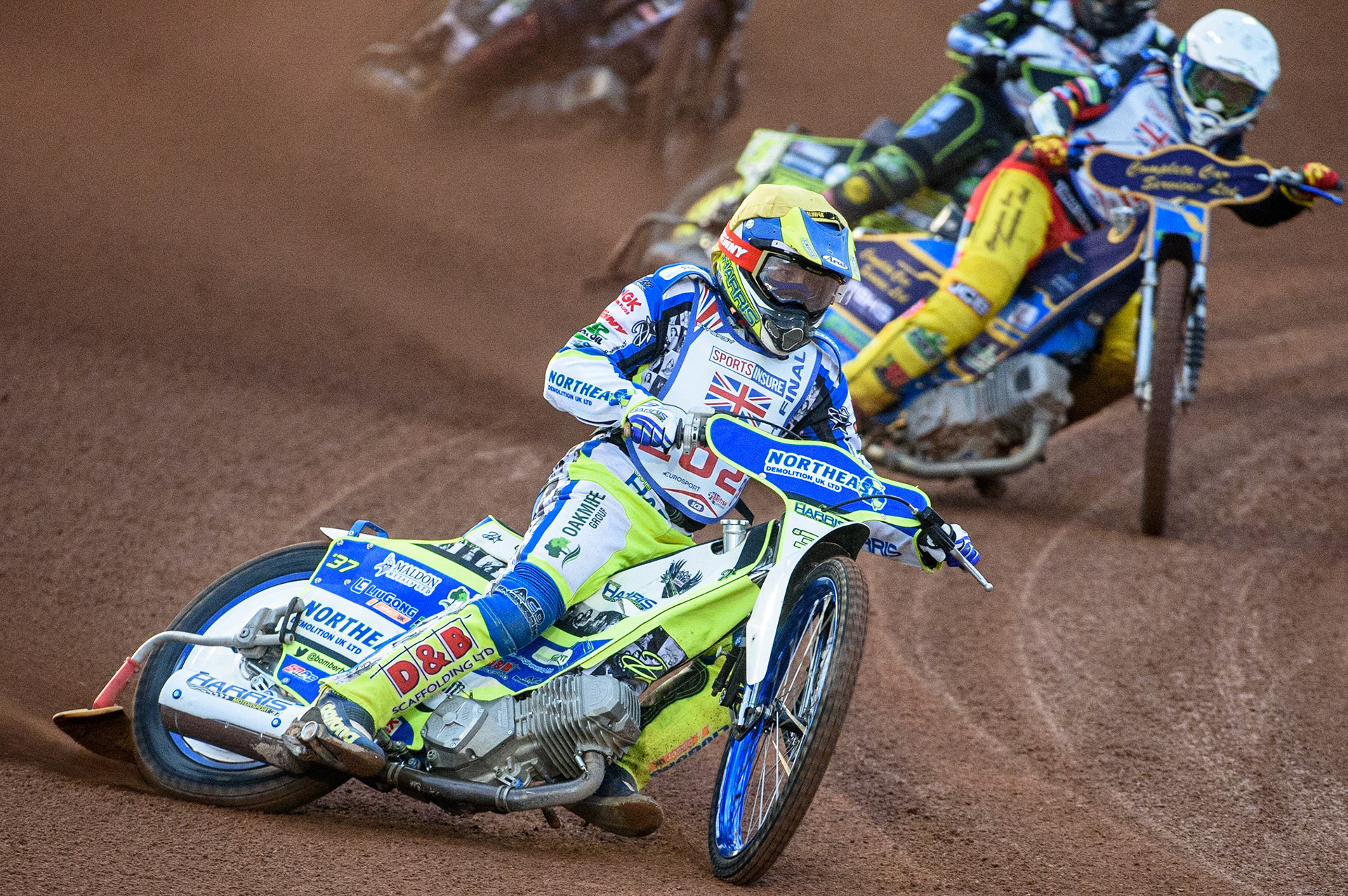 MANCHESTER, UK. MAY 12TH: The Premier League Captains: (l-r) Rory Schlein,  Lewis Kerr, Scott Nichols, Kyle Howarth, Danny King, Steve Worrall  Discovery Networks Eurosport Speedway Season Launch at the National  Speedway Stadium