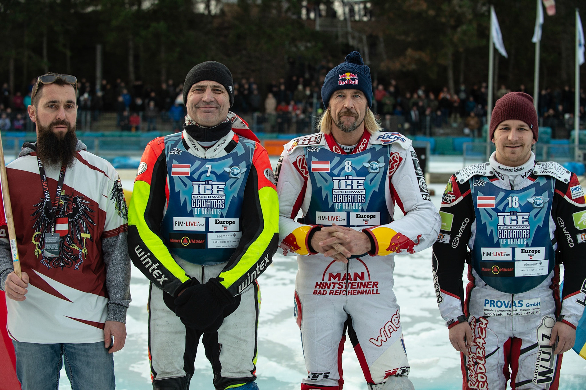 BERLIN GERMANY  - February 29   The Austrian Team (l-r) Markus Skabraut (Manager), Harald Simon, Franky Zorn and Charly Ebner during theIce Speedway of Nations (Day 1) at the Horst-Dohm-Eisstadion, Berlin,  on Saturday 29 February 2020. (Credit: Ian Charles | MI News)