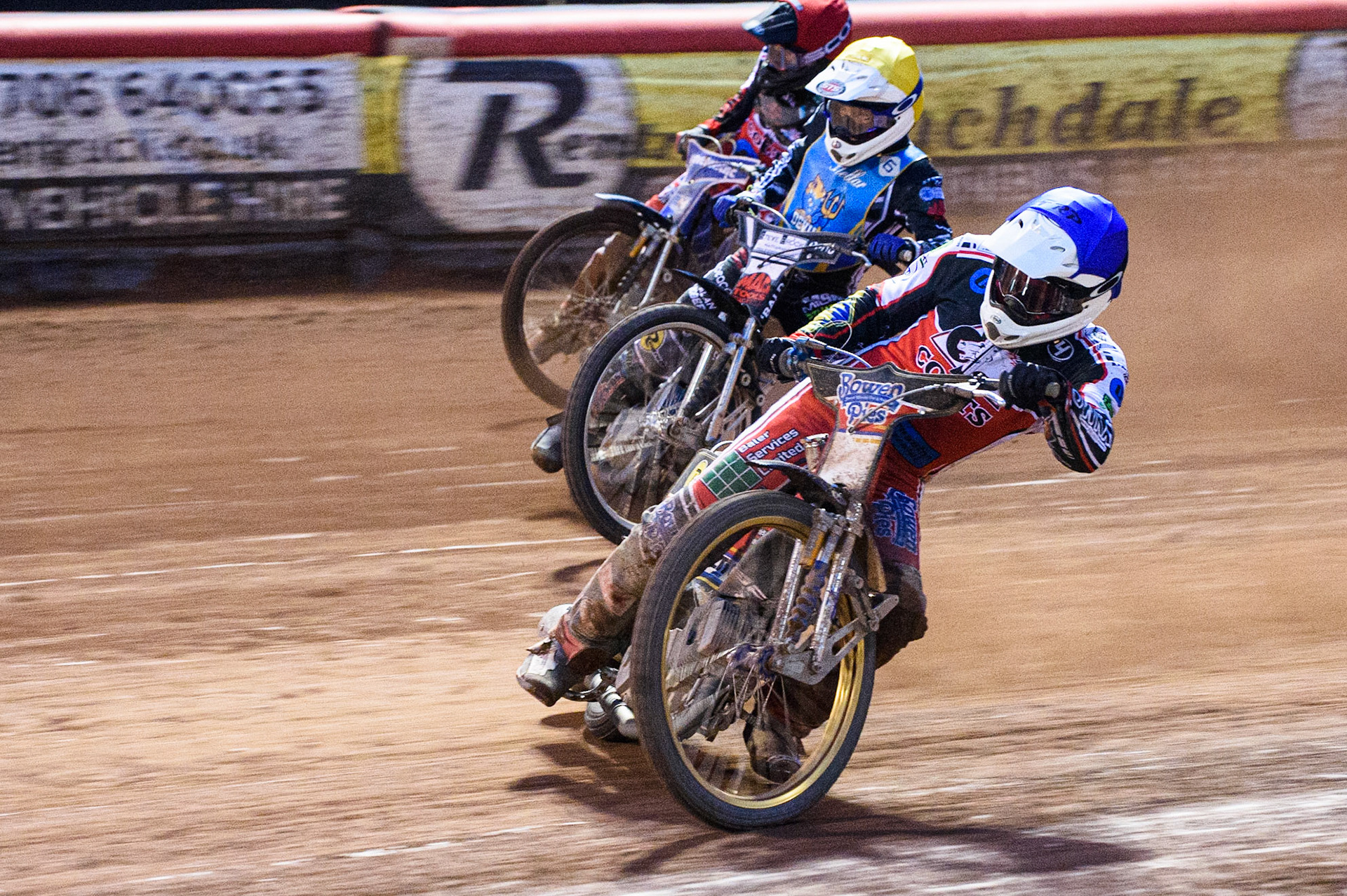MANCHESTER, UK. AUGUST 20TH Paul Bowen  (Blue) inside Archie Freeman (Yellow) during the National Development League match between Belle Vue Aces and Armadale Devils at the National Speedway Stadium, Manchester on Friday 20th August 2021. (Credit: Ian Charles | MI News)