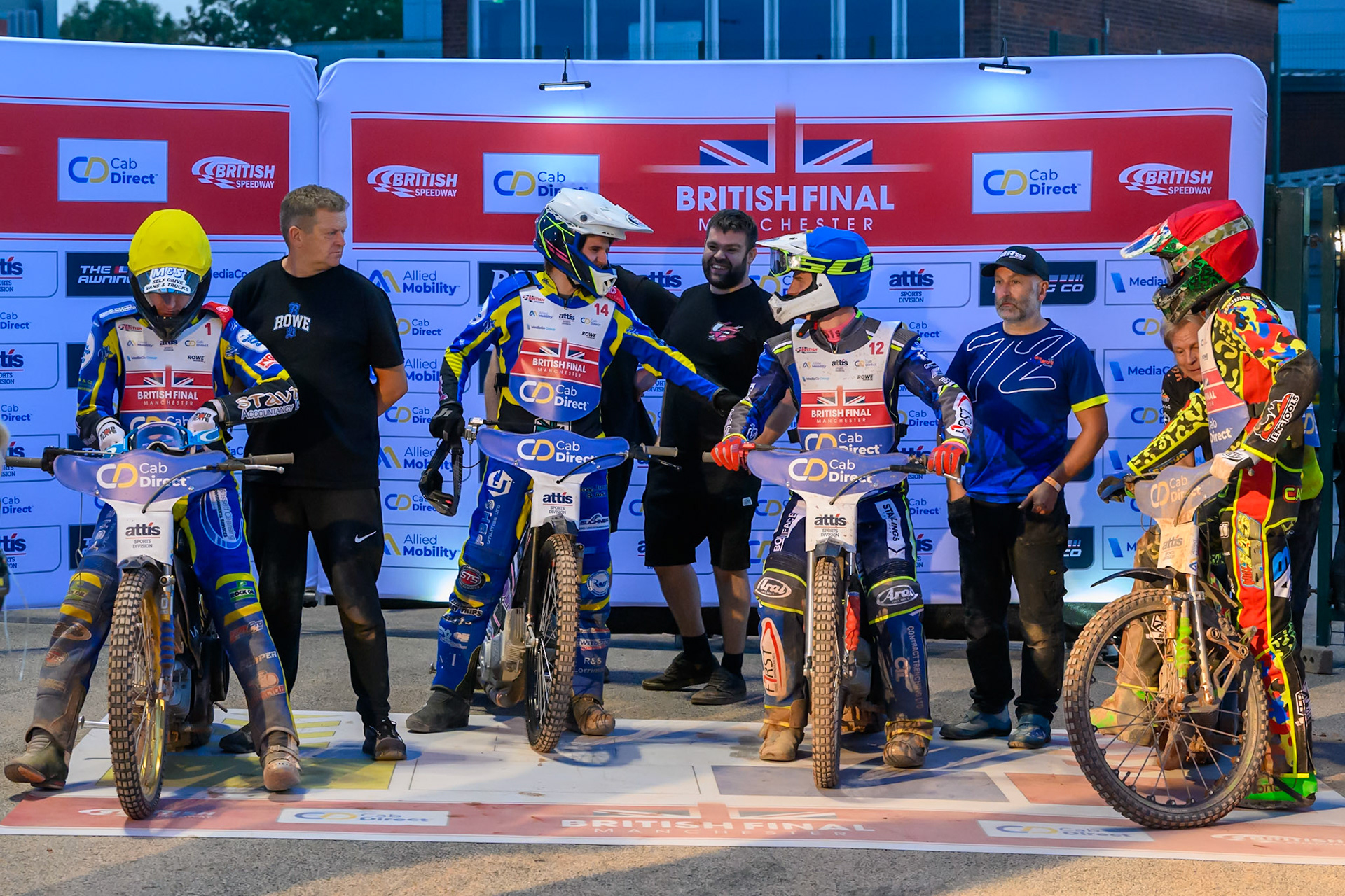 The riders line up to go out for heat 13: (L to R) Anders Rowe (1) ,Leon Flint (14) , Jake Mulford (12) and Will Cairns (7) during the Cab Direct British Speedway Championship Final at the National Speedway Stadium, Manchester on Saturday 15th August 2026. (Photo: Ian Charles | MI News)