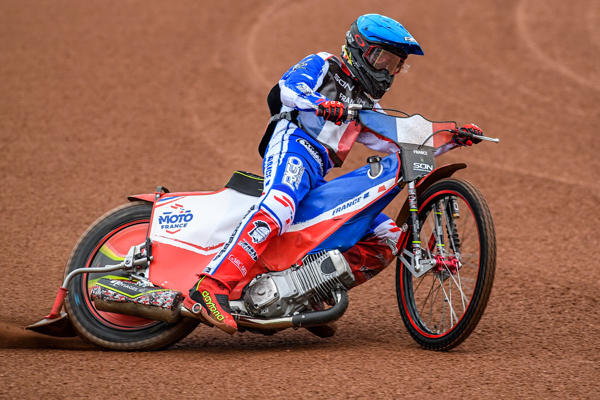 Steven Goret of France practices during the Monster Energy FIM Speedway of Nations Semi-Final 1 at the National Speedway Stadium, Manchester on Tuesday 9th July 2024. (Photo: Ian Charles | MI News)