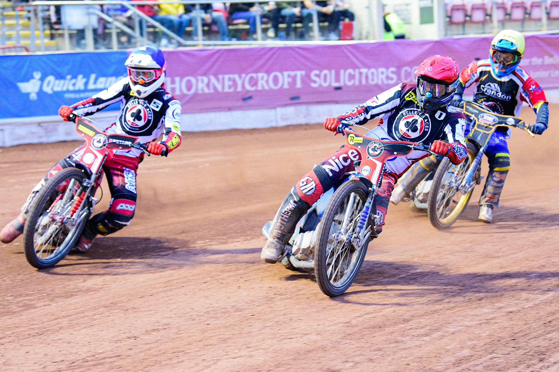Matej Zagar (Red) and Max Fricke  (Blue) lead Justin Sedgmen   (Yellow) during the SGB Premiership match between Belle Vue Aces and Peterborough at the National Speedway Stadium, Manchester on Monday 25th July 2022. (Credit: Ian Charles | MI News