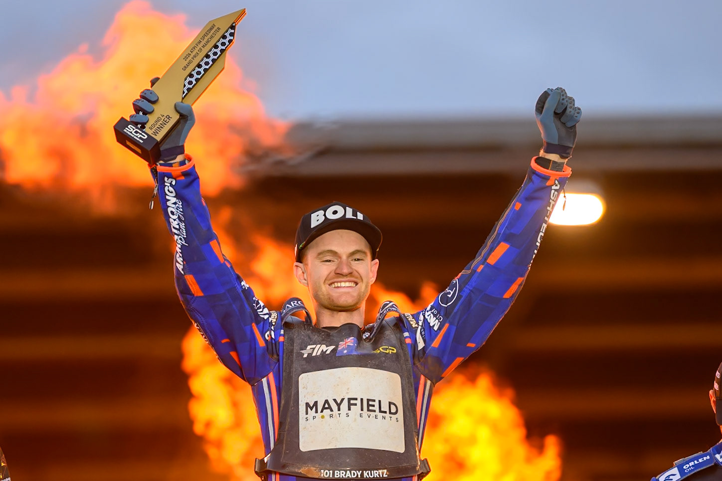 Brady Kurtz (101) of Australia celebrates his win in the Final during the ATPI  FIM Speedway GP of Manchester at the National Speedway Stadium, Manchester on Saturday 6th June 2026. (Photo: Ian Charles | MI News)
