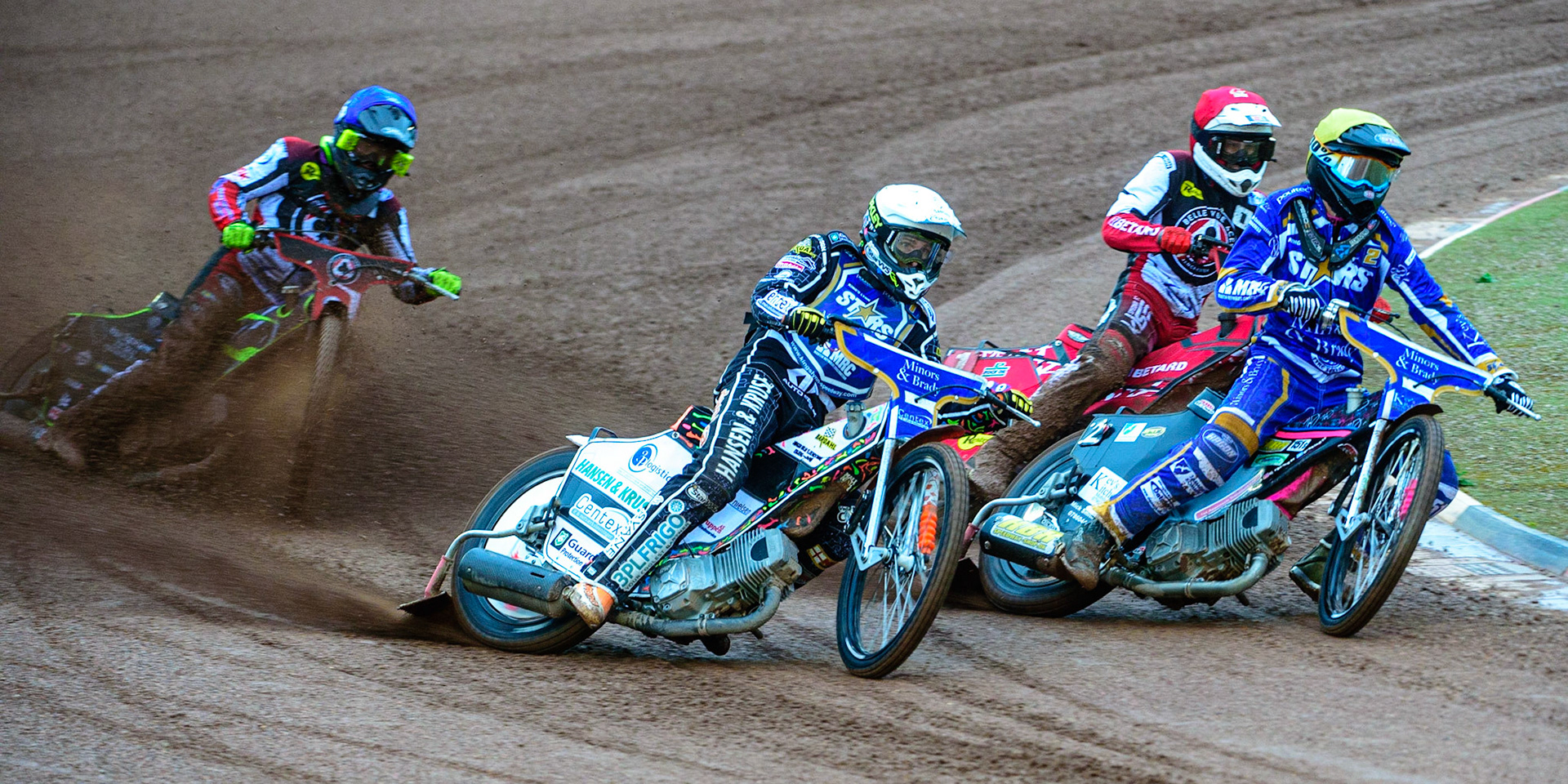 MANCHESTER, UK. MAY 16TH Niels-Kristian Iversen  (White) and Thomas Jorgensen  (Yellow) lead Max Fricke  (Red) and Tom Brennan   (Blue) during the SGB Premiership match between Belle Vue Aces and King's Lynn Stars at the National Speedway Stadium, Manchester on Monday 16th May 2022. (Credit: Ian Charles | MI News)