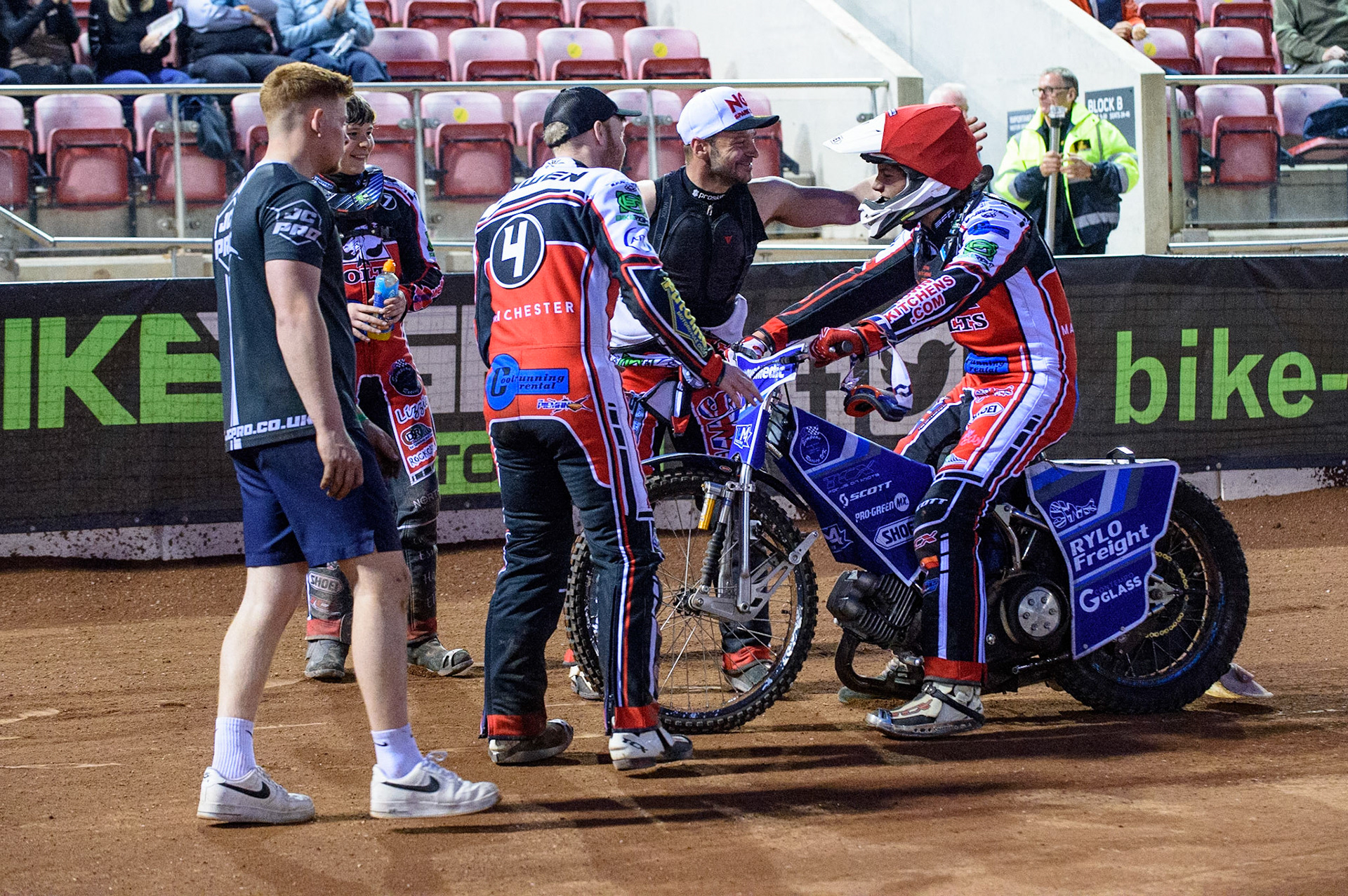 MANCHESTER, UK. MAY 28TH  Harry McGurk is congratulated by his team mates after his second place in the final heat during the SGB National Development League match between Belle Vue Colts and Berwick Bullets at the National Speedway Stadium, Manchester on Friday 28th May 2021. (Credit: Ian Charles | MI News)