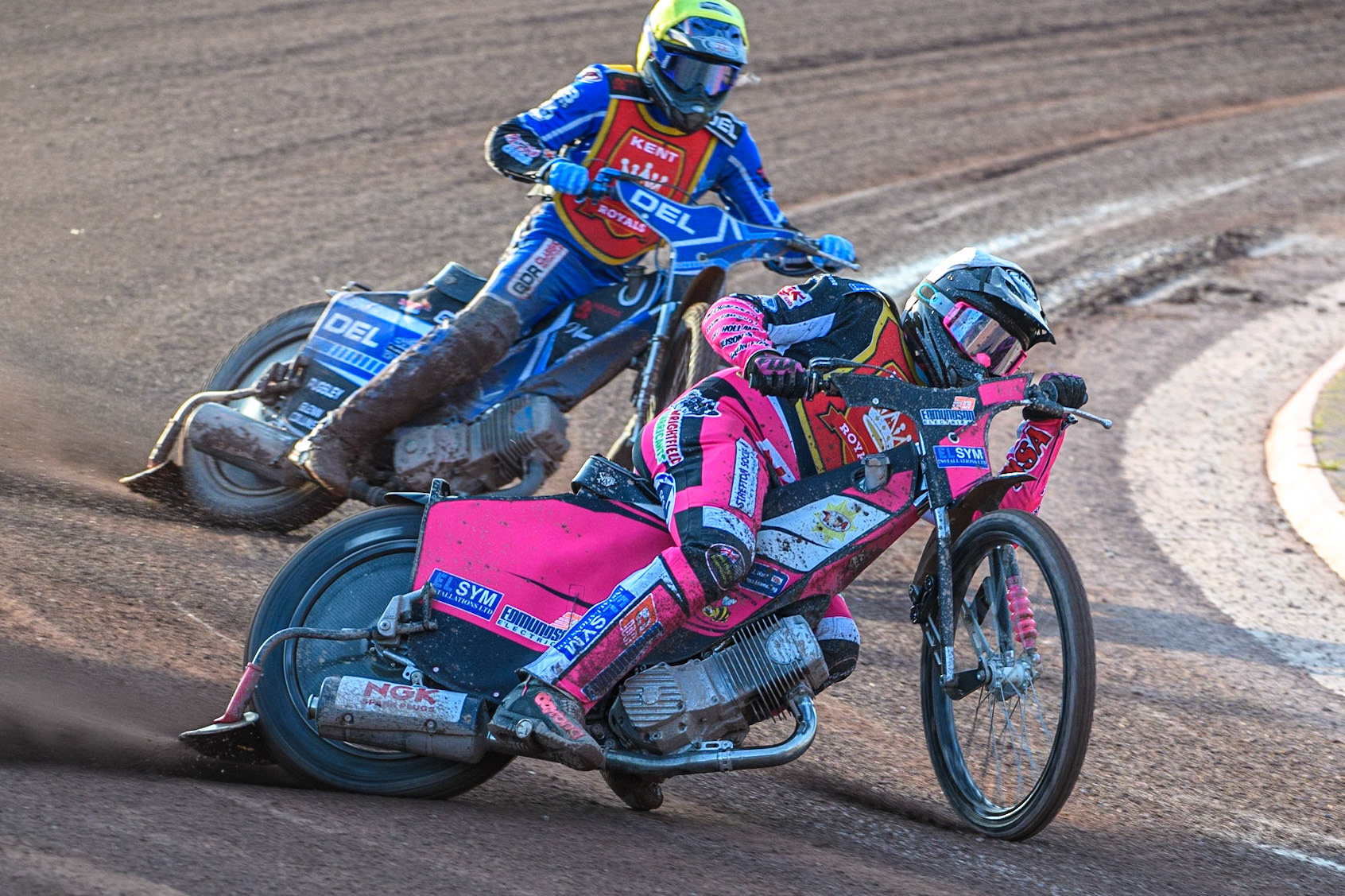 Sam Woolley (White) leads team mate Rhys Naylor (Yellow) during the National Development League match between Belle Vue Colts and Kent Royals at the National Speedway Stadium, Manchester on Friday 7th July 2023. (Photo: Ian Charles | MI News)