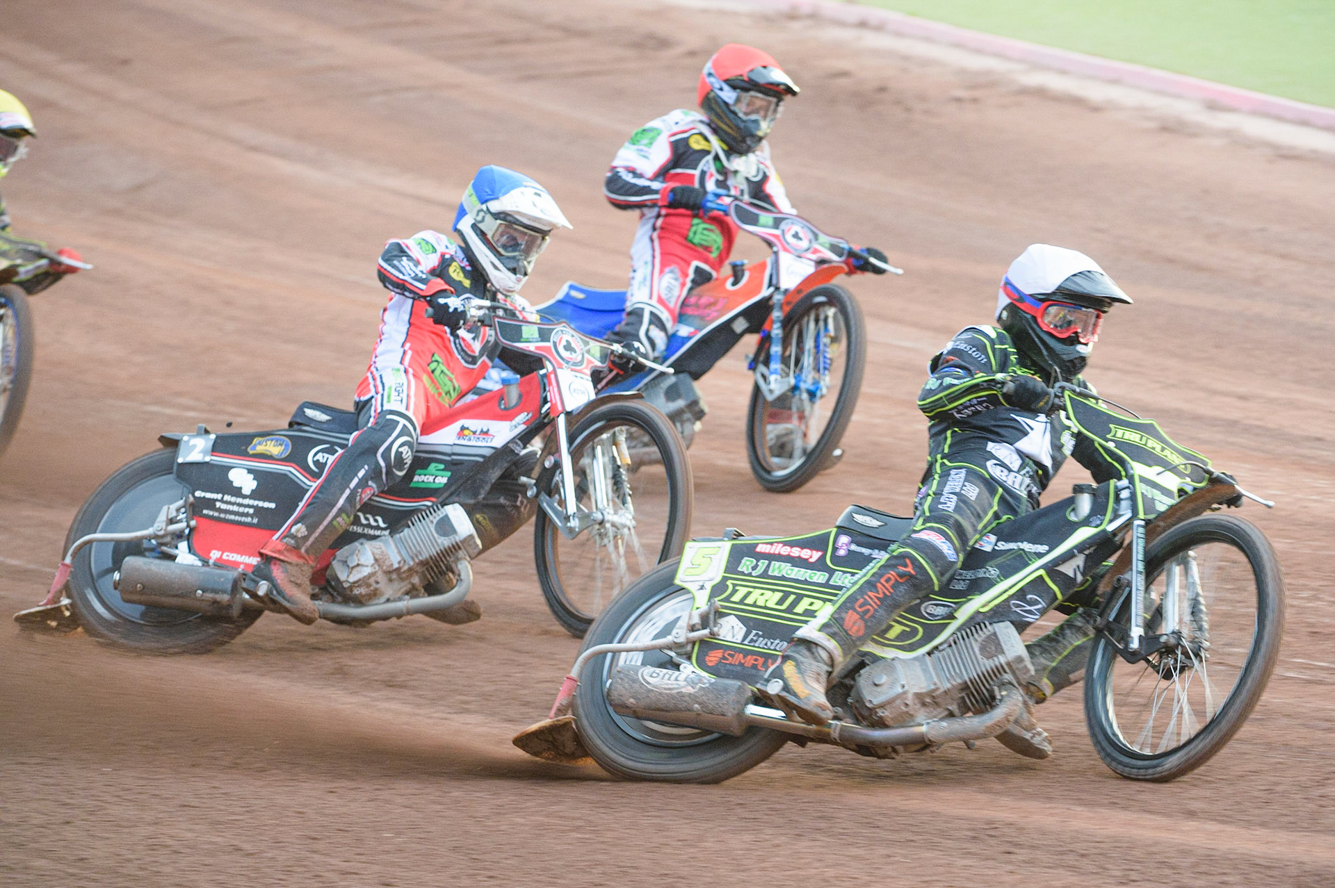 MANCHESTER, UK. JUNE 7TH   Danny King  (White) leads Richie Worrall  (Blue) and Brady Kurtz  (Red)  during the SGB Premiership match between Belle Vue Aces and Ipswich Witches at the National Speedway Stadium, Manchester on Monday 7th June 2021. (Credit: Ian Charles | MI News)