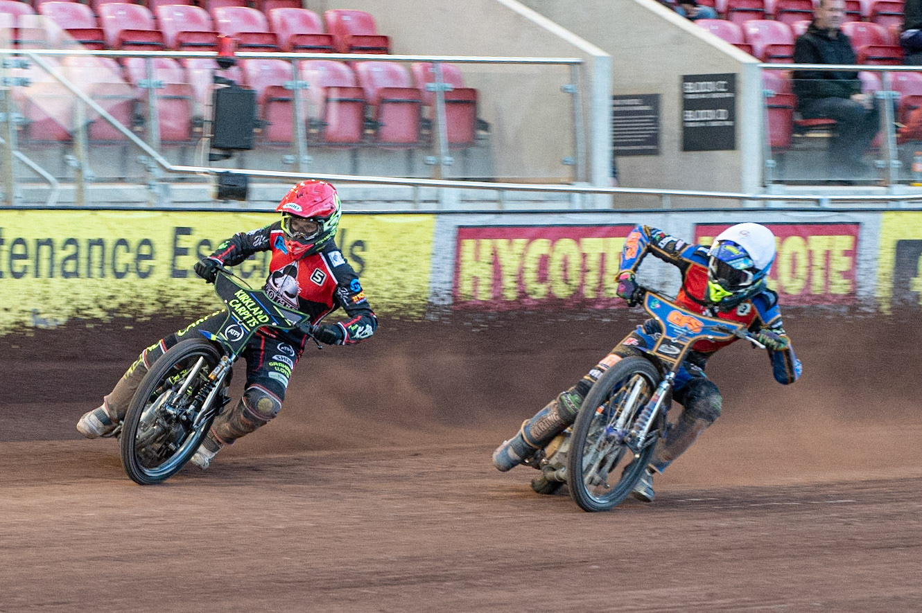 Photo: Ian Charles

Kyle Bickley  (Red) outside Anders Rowe  (White)

Belle Vue Colts v Kent Kings, SGB National League KO Cup Quarter Final 1st Leg, Belle Vue National Speedway Stadium, Manchester, Thursday 20  June  2019