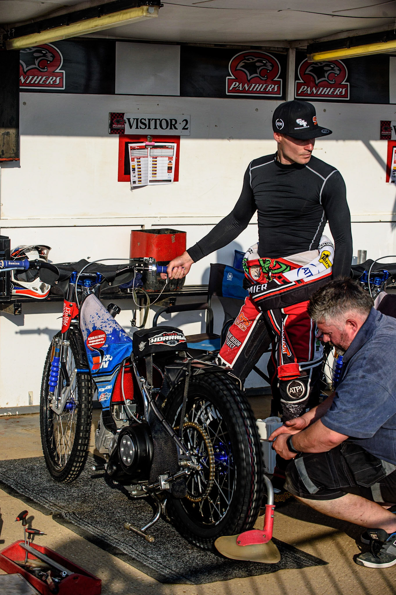 PETERBOROUGH, UK. JULY 19TH  Belle Vue BikeRight Aces  rider Steve Worrall  warms up his bike during the SGB Premiership match between Peterborough and Belle Vue Aces at East of England Showground, Peterborough on Monday 19th July 2021. (Credit: Ian Charles | MI News)