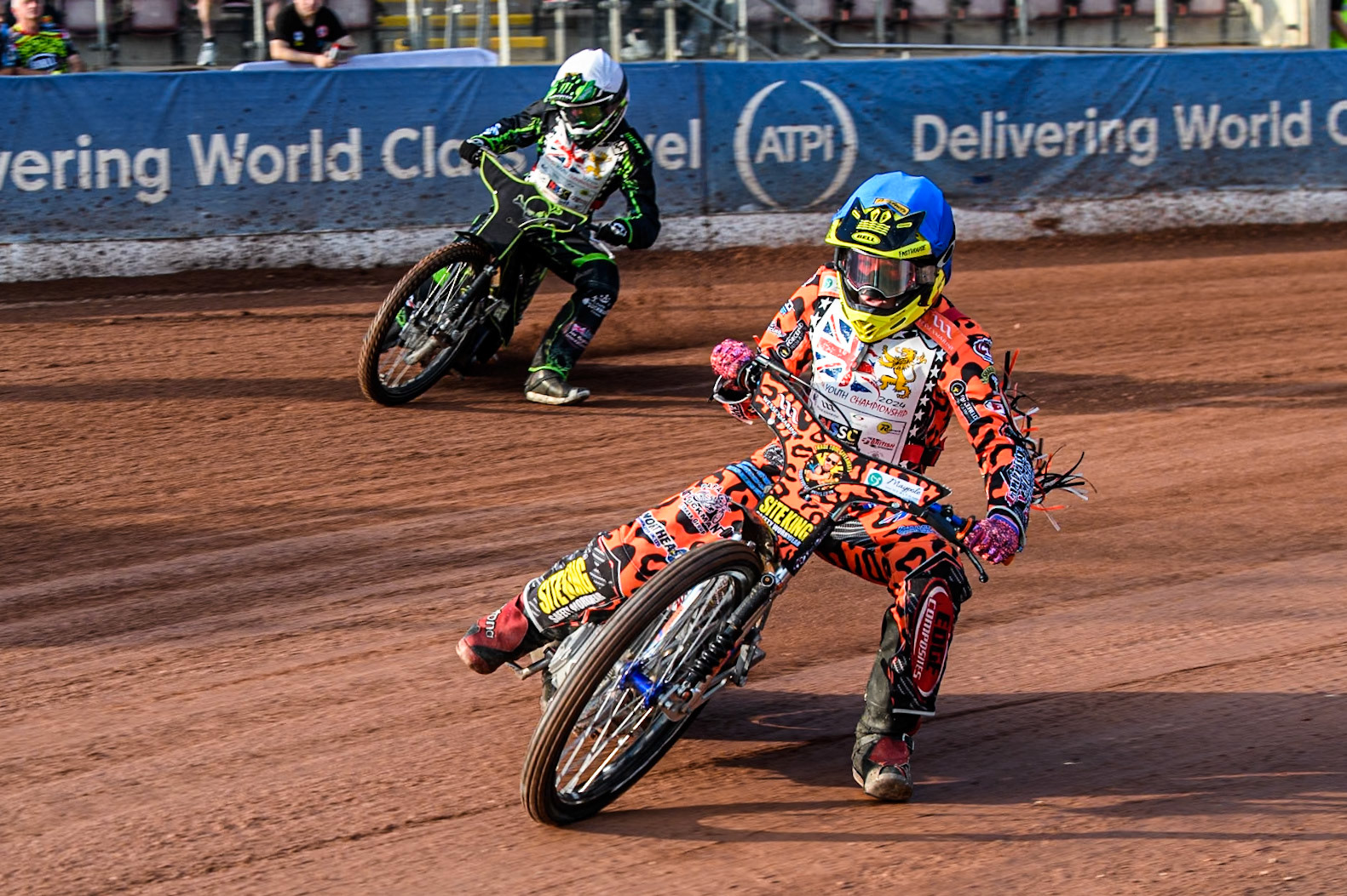 Cooper Rushen (250cc) in Blue leading Charlie Southwick (250cc) in White during the British Youth 250cc Championships at the National Speedway Stadium, Manchester on Friday 30th August 2024. (Photo: Ian Charles | MI News)