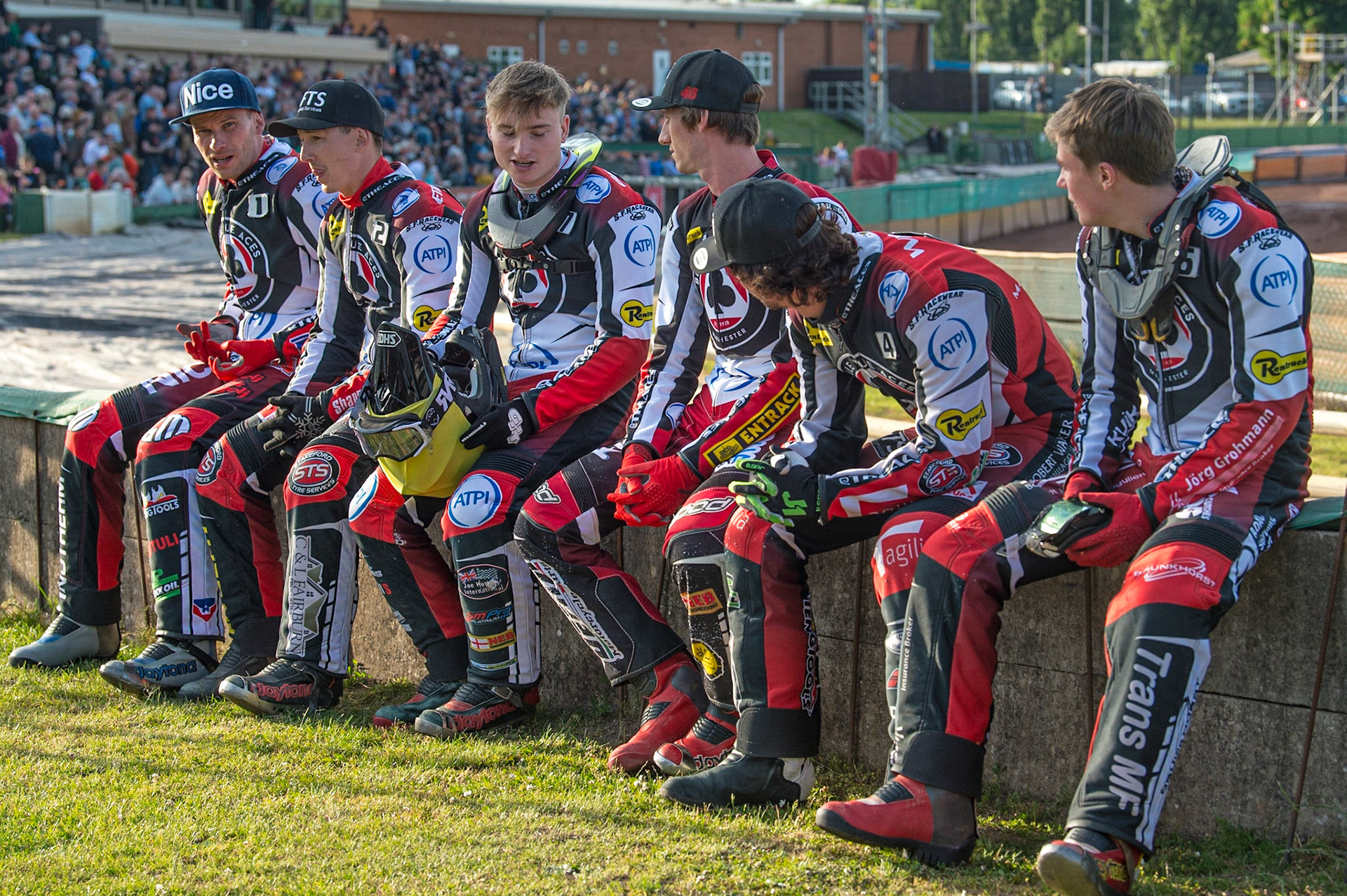 WOLVERHAMPTON, UK. JUN 20TH The Belle Vue ATPI Aces  before the pre meeting parade during the SGB Premiership match between Wolverhampton Wolves and Belle Vue Aces at Monmore Green Stadium, Wolverhampton on Monday 20th June 2022. (Credit: Ian Charles | MI News)