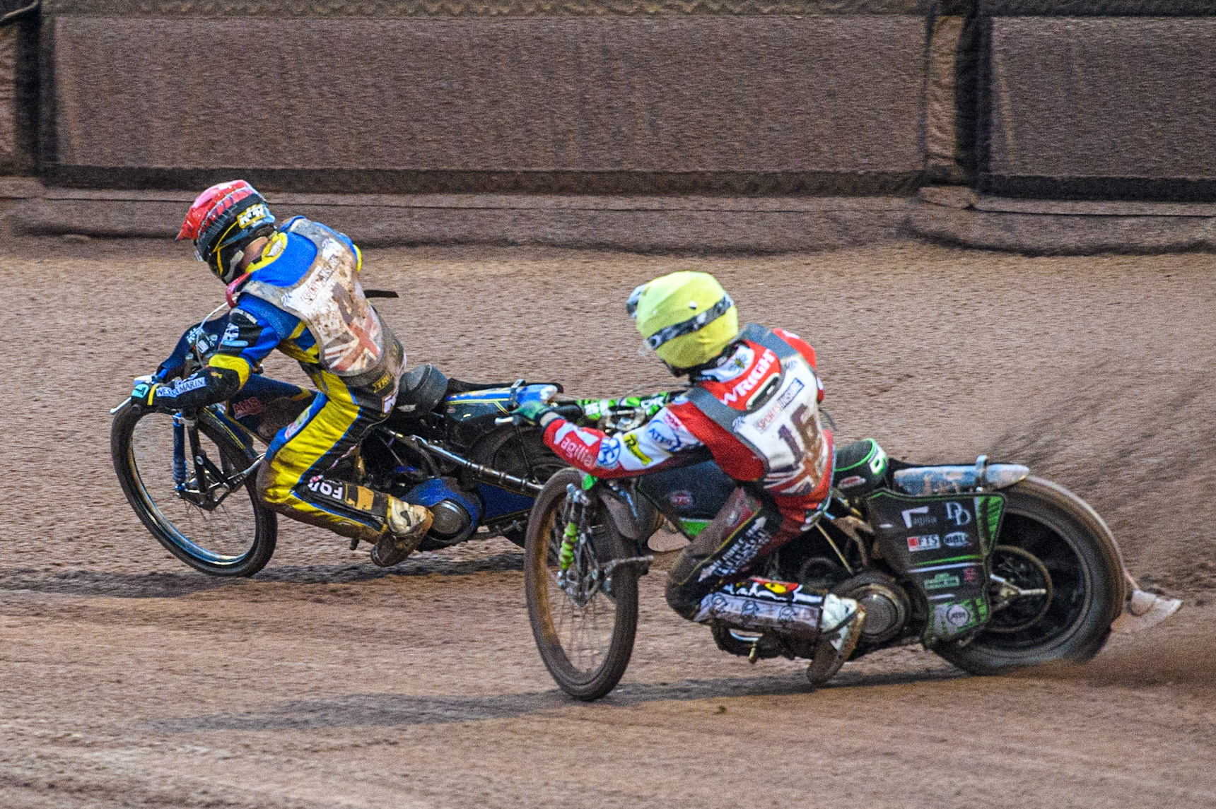 Charles Wright  (Yellow) chases Kyle Howarth (Red) during the Sports Insure British Speedway Final at the National Speedway Stadium, Manchester on Monday 14th August 2023. (Photo: Ian Charles | MI News)