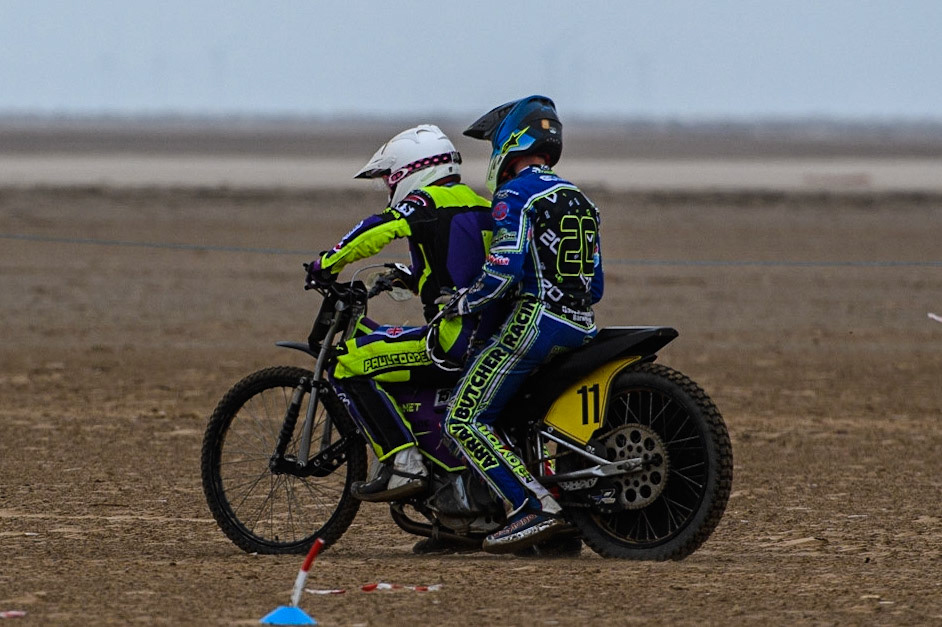 Paul Cooper (11) gives his fellow competitor Arran Butcher (20) a ride around the track on his lap of honour, after winning the Fylde ACU British Sand Racing Masters Championship at  St Annes on Sea, Lancashire on Sunday 30th July 2023. (Photo: Ian Charles | MI News)