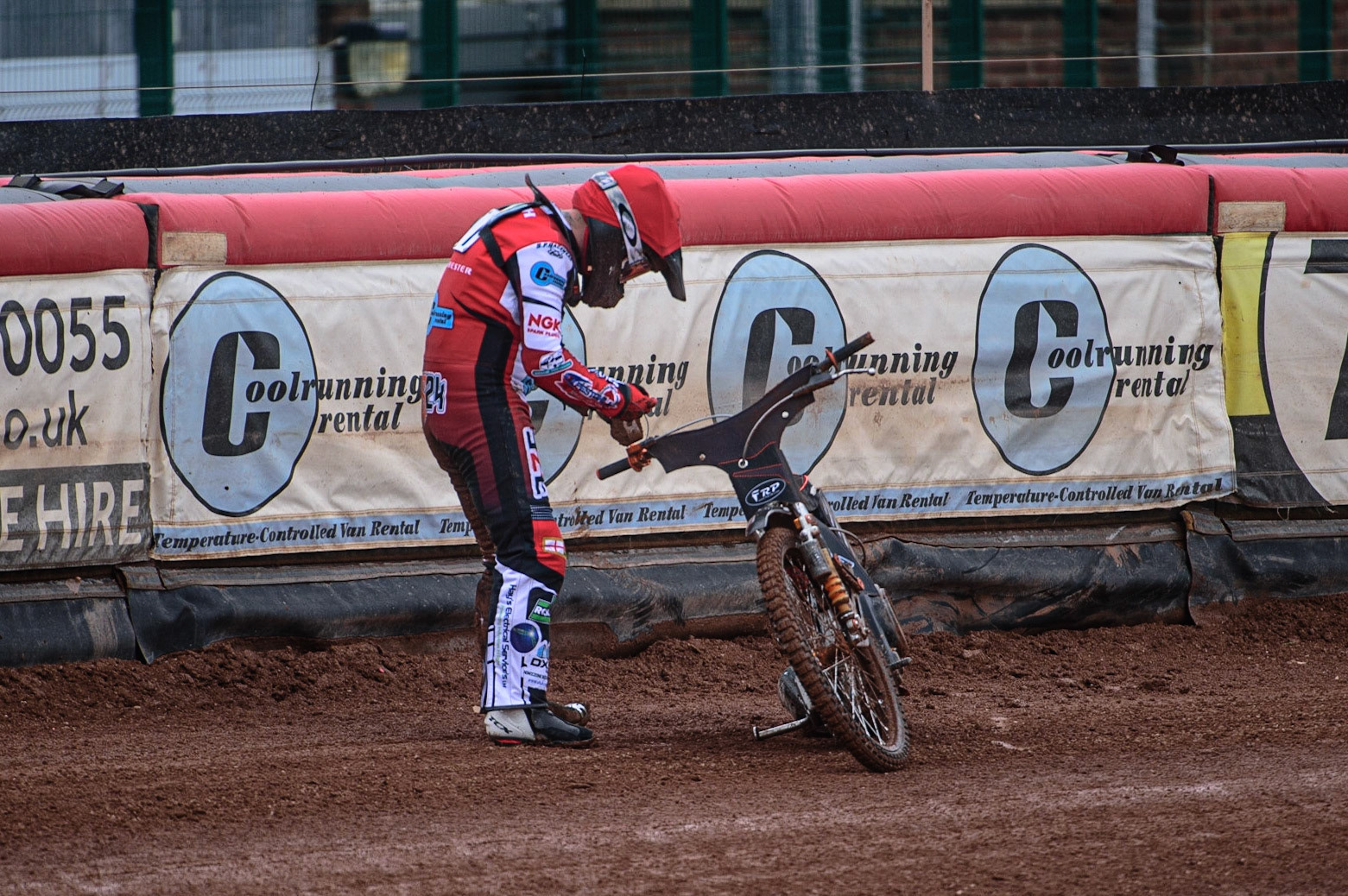 MANCHESTER, UK. APR 15TH  Jack Smith  checks his bike after his fall during the National Development League match between Belle Vue Colts and Plymouth Centurions at the National Speedway Stadium, Manchester on Friday 15th April 2022. (Credit: Ian Charles | MI News)