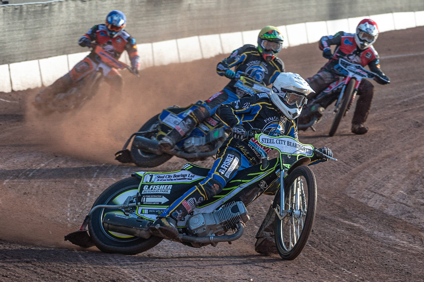Photo: Ian Charles

Ben Wilson (White) leads Adam Extance  (Yellow) Danny Phillips  (Red) and Josh Embleton  (Blue)

Belle Vue Colts v Plymouth Gladiators National League, Belle Vue National Speedway Stadium, Manchester, Thursday 23  May  2019