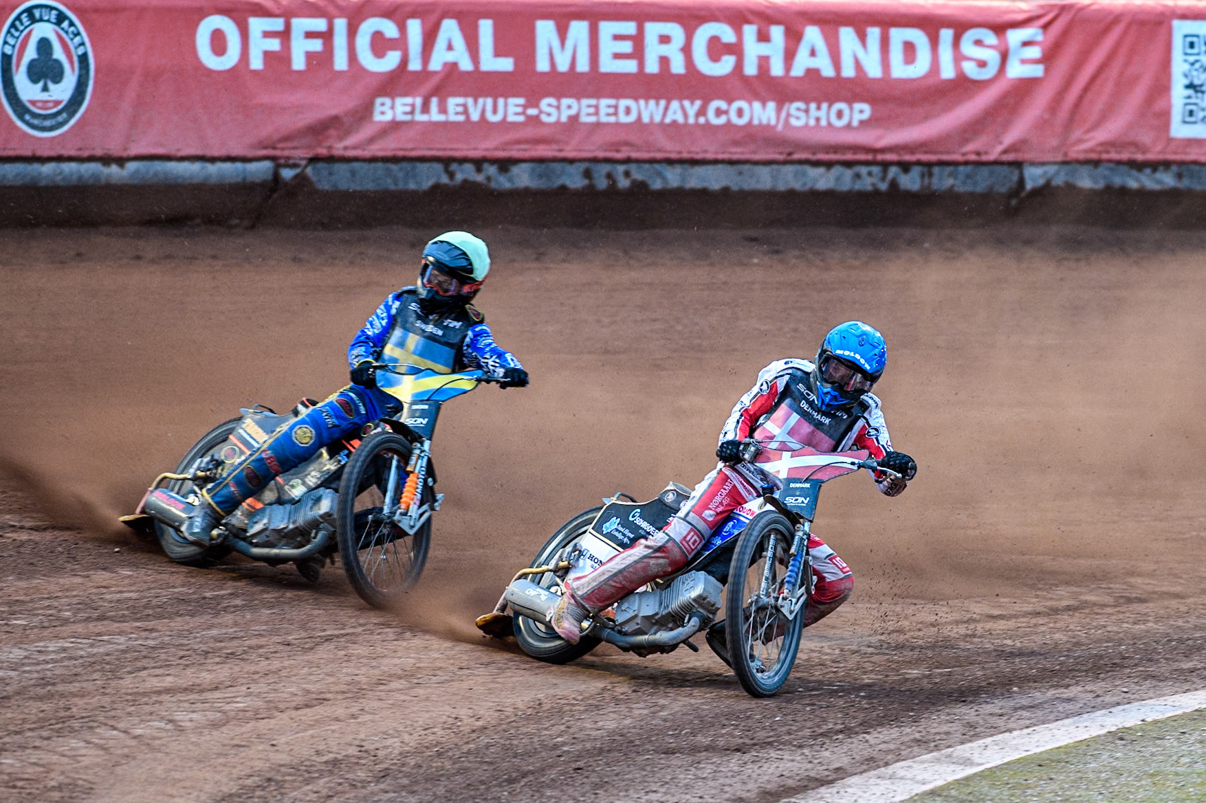 Rasmus Jensen of Denmark in Blue rides inside Jacob Thorssell of Sweden in Yellow during the Monster Energy FIM Speedway of Nation Final at the National Speedway Stadium, Manchester on Saturday 13th July 2024. (Photo: Ian Charles | MI News)