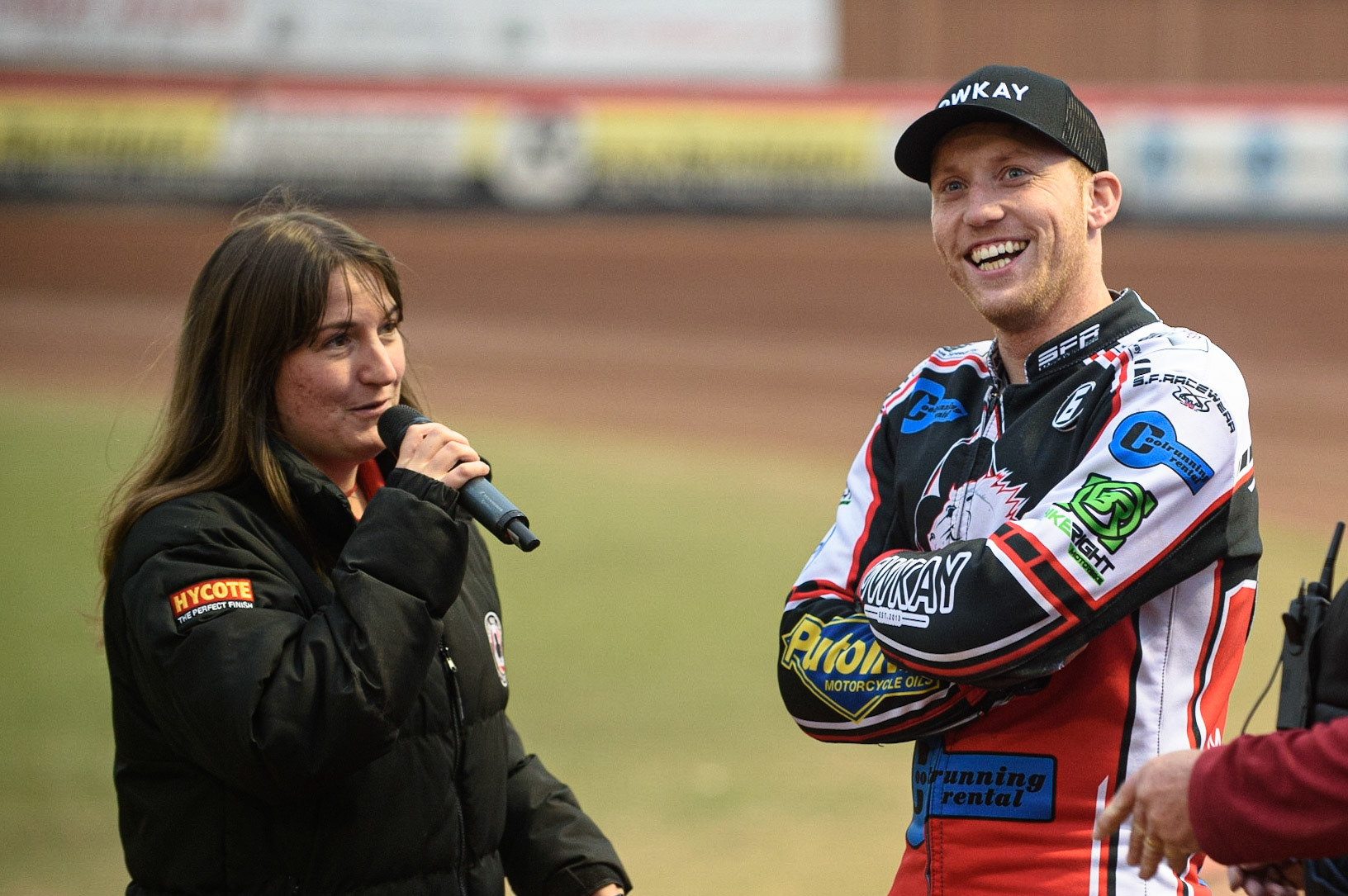 MANCHESTER, SEPT 3RD. Belle Vue presenter chats with Paul Bowen  during the National Development League match between Belle Vue Aces and Mildenhall Fens Tigers at the National Speedway Stadium, Manchester on Friday 3rd September 2021. (Credit: Ian Charles | MI News)
