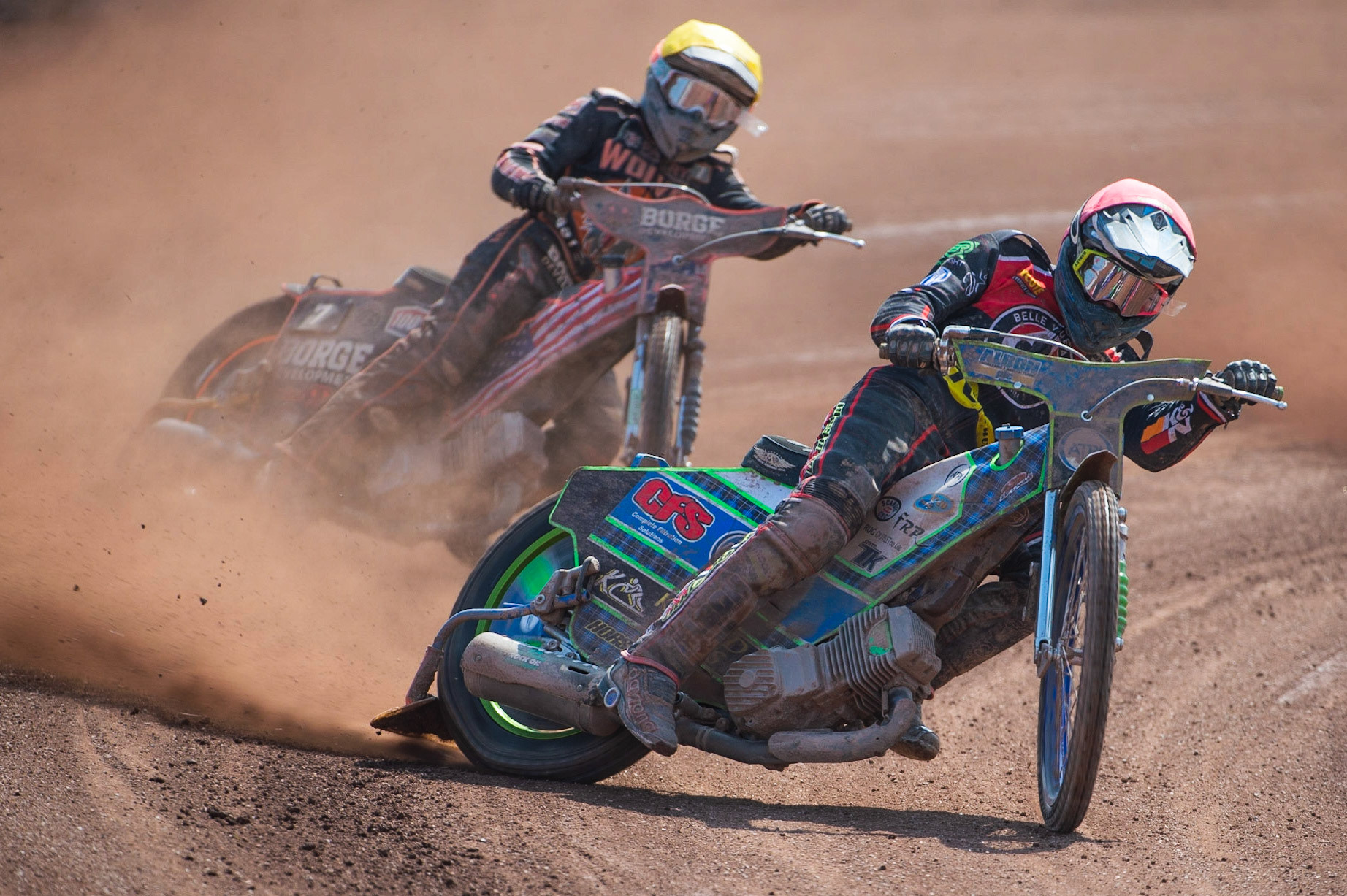 Photo by Ian Charles:

Dan Bewley  (Red) leads Luke Becker  (Yellow)

Belle Vue Aces v Wolverhampton Wolves, National Speedway Stadium, Manchester, Monday, 22, April, 2019