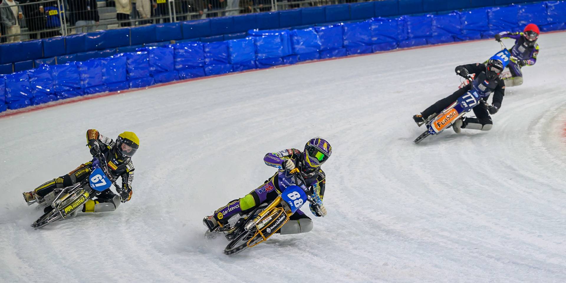 Max Niedermaier (88) of Germany  in White leading Heikki Huusko (67) of Finland  in Yellow, \Leon Kramer (777) of The Netherlands in Blue and Reserve Paul Cooper (18) of Great Britain in Red during the FIM Ice Speedway Gladiators World Championship Final 3 at Ice Rink Thialf, Heerenveen on Saturday 11th April 2026. (Photo: Ian Charles | MI News)