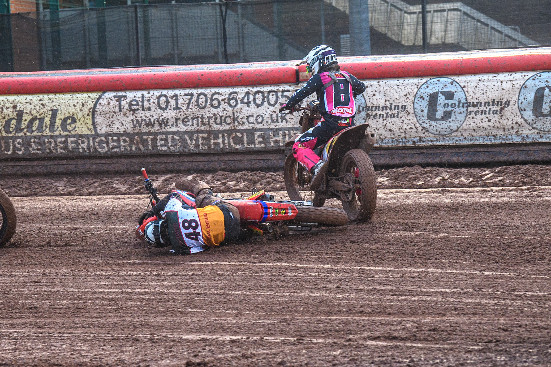 Nico Sorbo (48) from Italy slides off during the FIM World Flat Track Championship Round 1 at the National Speedway Stadium, Manchester on Saturday 5th August 2023. (Photo: Ian Charles | MI News)