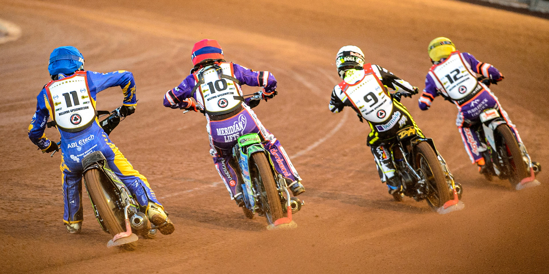 Kye Thompson  (Blue) chases Hans Andersen  (Red) Jason Doyle  (White) and Niels-Kristian Iversen  (Yellow) during the Peter Craven Memorial Trophy  at the National Speedway Stadium, Manchester on Monday 3rd April 2023. (Photo: Ian Charles | MI News)