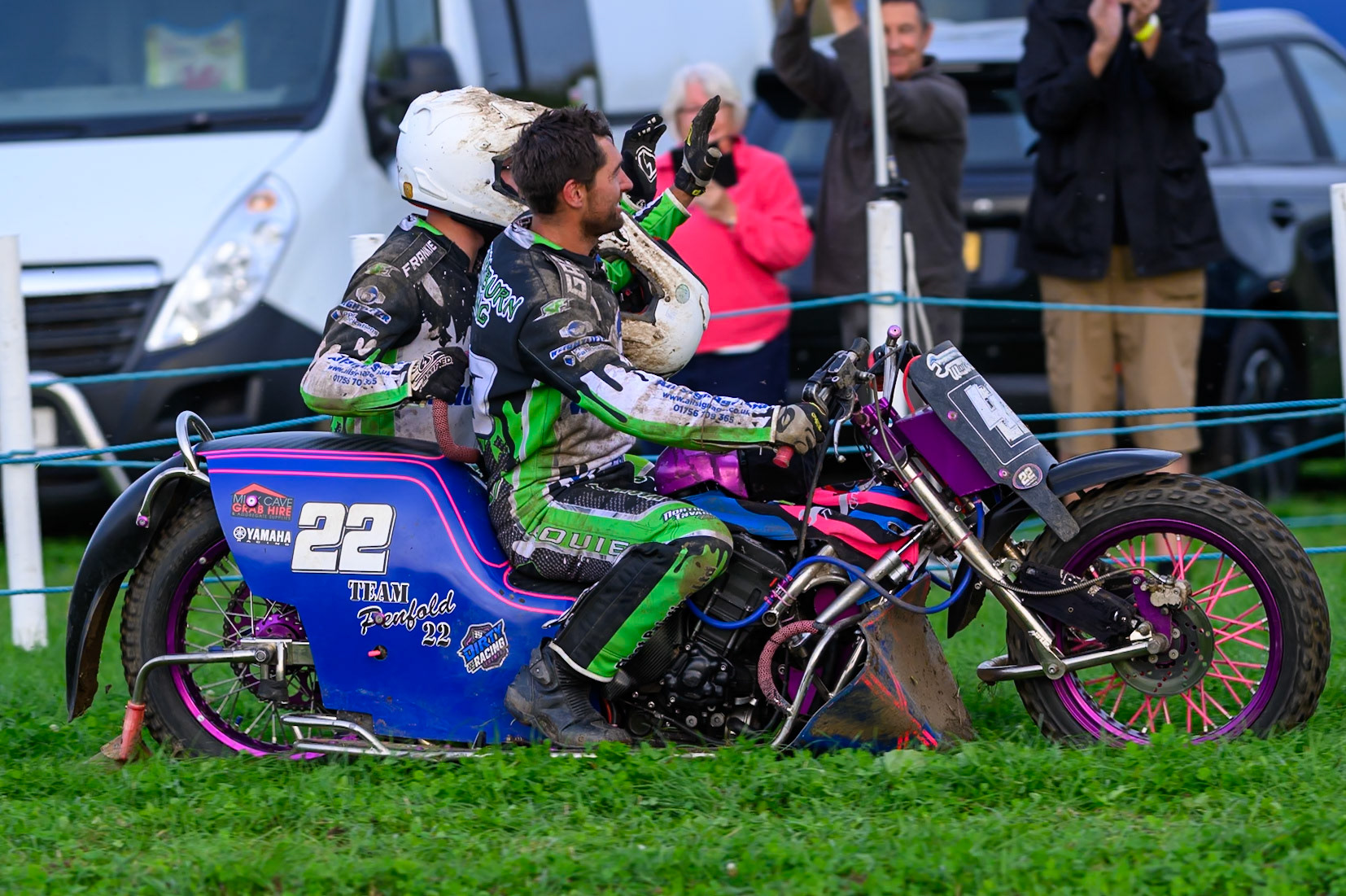 British Masters 1000cc Sidecars: Gareth Winterburn/Frankie Courtney (49)  celebrate their win during the British Masters Grasstrack Championship at Lower Marsh Farm, Much Hoole, Preston in Lancashire, England on Sunday 13th September 2026. (Photo: Ian Charles | MI News)