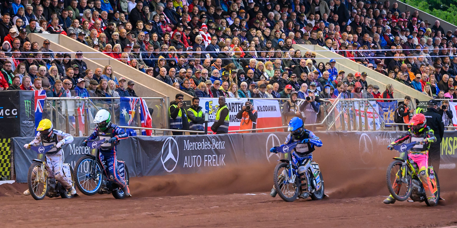 (L to R) Anders Thomsen (105) of Denmark in Yellow, Brady Kurtz (101) of Australia in White, Jack Holder (25) of Australia in Blue and Michael Jepsen Jensen (52) of Denmark in Red during the ATPI  FIM Speedway GP of Manchester at the National Speedway Stadium, Manchester on Friday 5th June 2026. (Photo: Ian Charles | MI News)