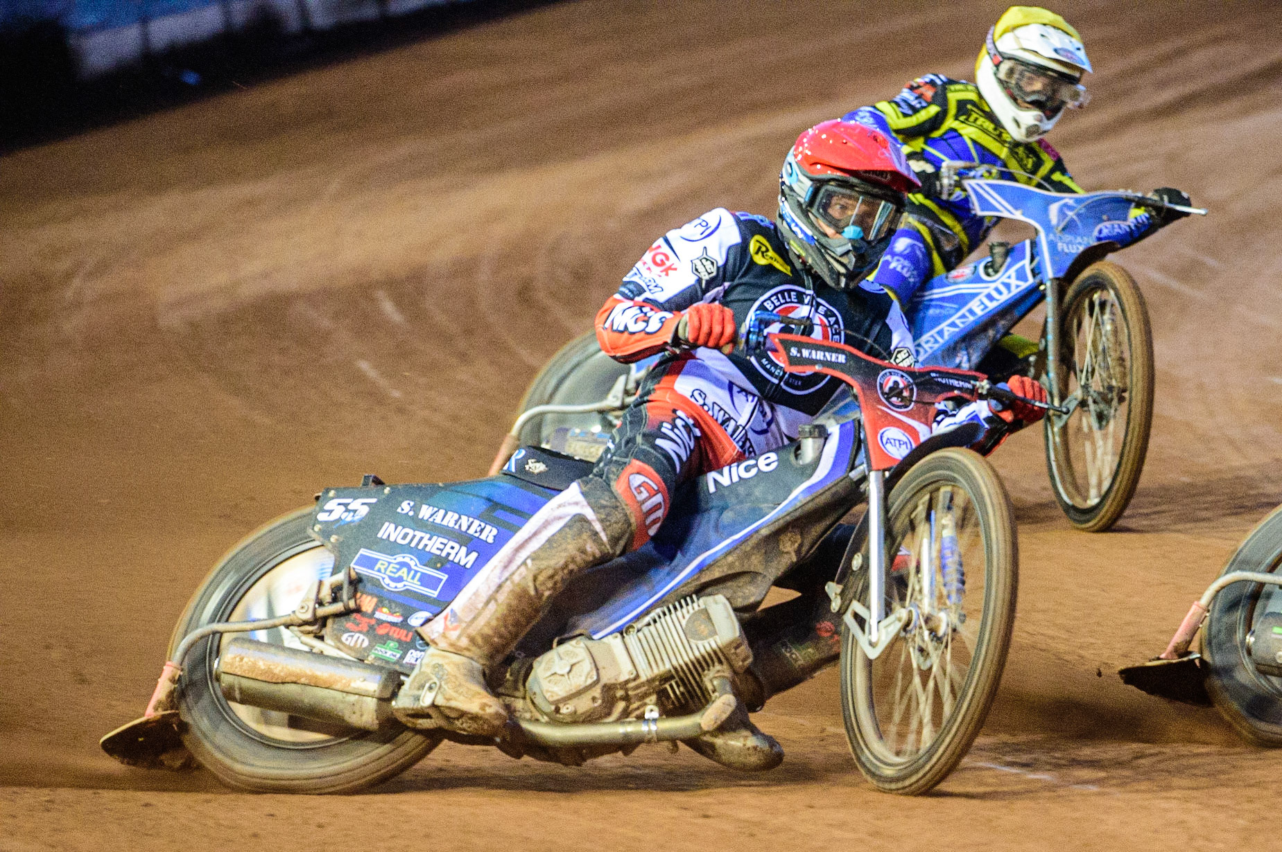 Matej Zagar  (Red) leads Lewis Kerr  (Yellow) during the SGB Premiership match between Belle Vue Aces and Sheffield Tigers at the National Speedway Stadium, Manchester on Monday 5th September 2022. (Credit: Ian Charles | MI News)