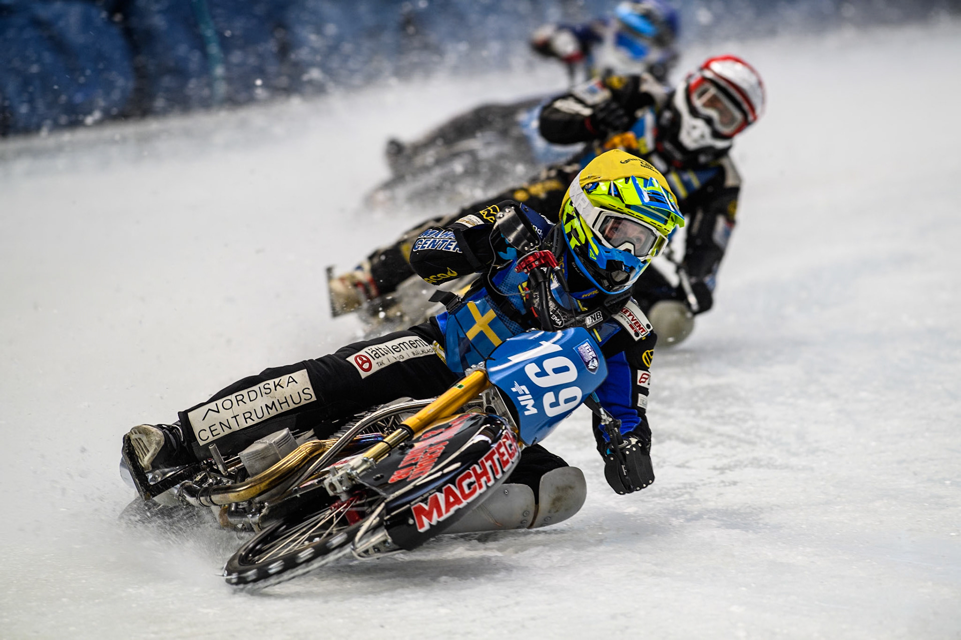 Sweden's Martin Haarahiltunen (199)  (Yellow) leads  Sweden"s Jimmy Olsén (81) (Red) during the FIM Ice Speedway Gladiators World Championship Final 2 at the Max-Aicher-Arena, Inzell on Sunday 24 March 2024. (Photo: Ian Charles | MI News)