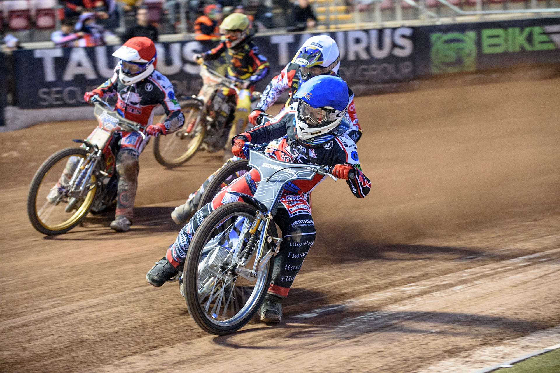 MANCHESTER, UK. JULY 29TH  Sam McGurk (Blue) leads Paul Bowen  (Red), Tom Spencer   (White) and Mickie Simpson  (Yellow)  during the National Development League match between Belle Vue Colts and Leicester Lion Cubs at the National Speedway Stadium, Manchester on Thursday 29th July 2021. (Credit: Ian Charles | MI News)