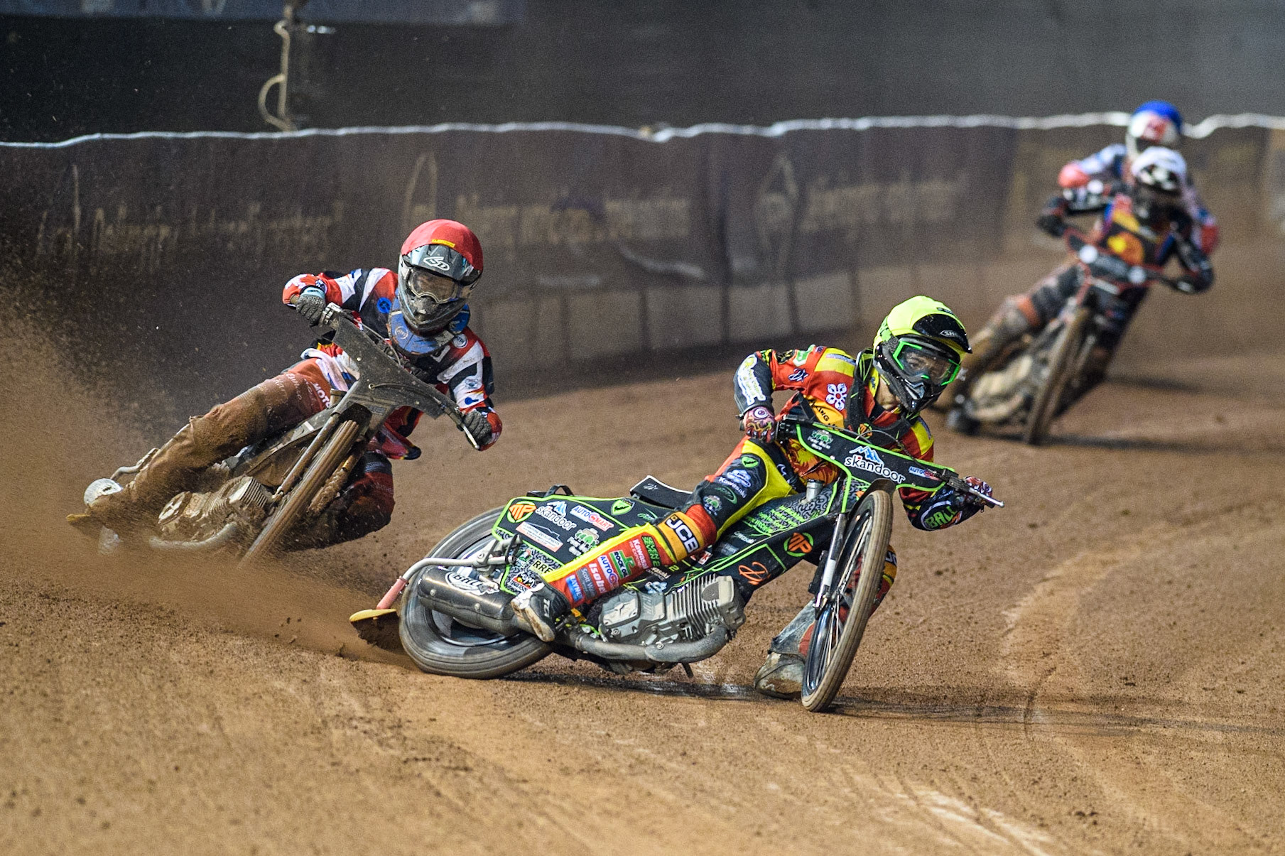 Max Perry (Yellow) leads Sam McGurk (Red) Ben Morley (White) and Freddy Hodder (Blue) during the National Development League match between Belle Vue Colts and Leicester Lion Cubs at the National Speedway Stadium, Manchester on Friday 8th September 2023. (Photo: Ian Charles | MI News)