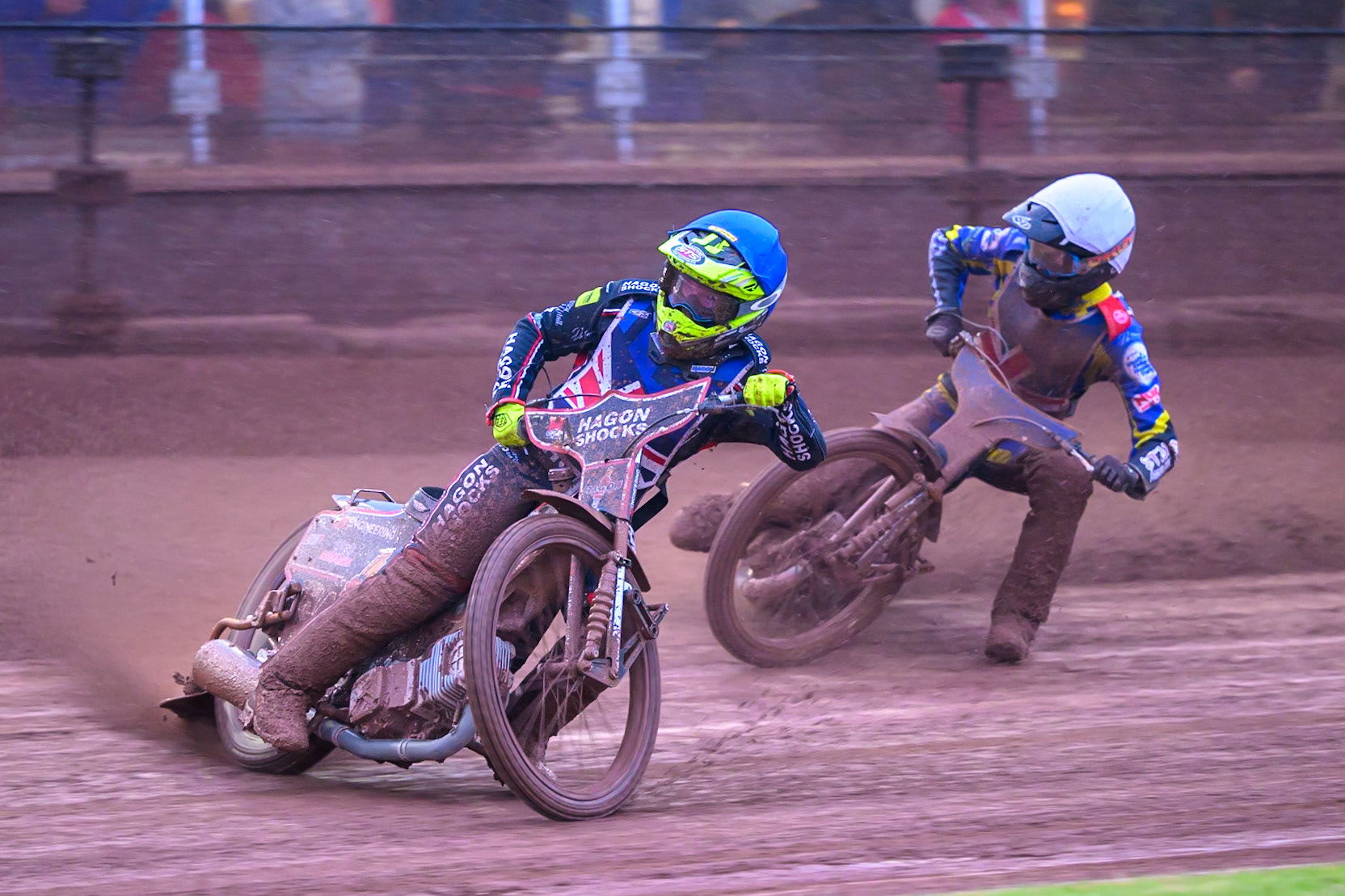 Reserve Sam Hagon of Great Britain  in Blue leading Anders Rowe of Great Britain in White during the Speedway GP Qualifying Round 3 at Allied Ashfield Stadium, Glasgow on Saturday 30th May 2026. (Photo: Ian Charles | MI News)