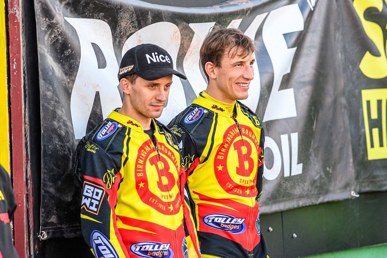 Birmingham Brummies' Zach Cook (Left) and Birmingham Brummies' Piotr Pawlicki watch the racing during the Rowe Motor Oil Premiership match between Birmingham Brummies and Belle Vue Aces at Perry Bar Stadium, Birmingham on Monday 29th July 2024. (Photo: Ian Charles | MI News)