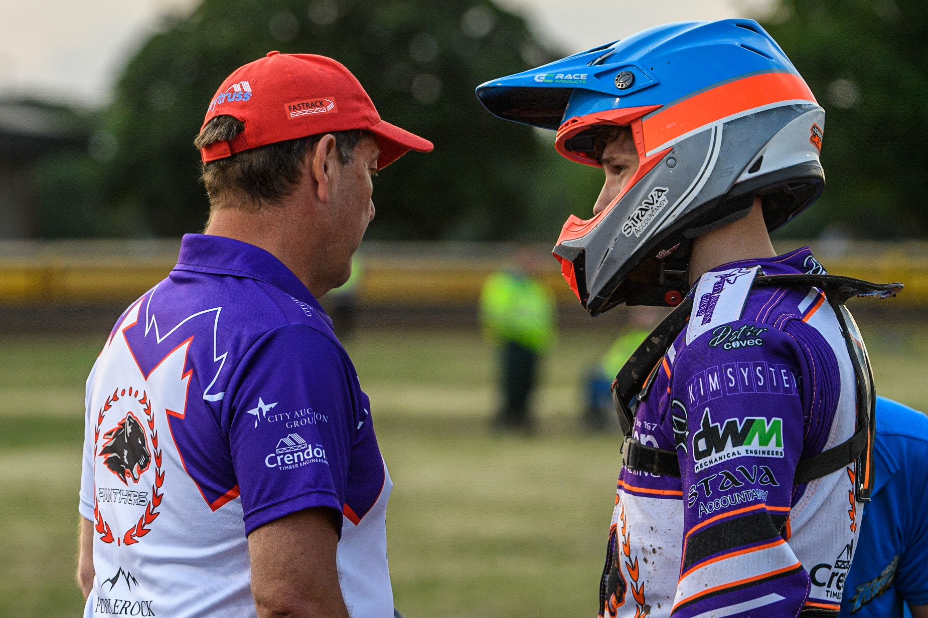 Peterborough Crendon Panthers Team manager Rob Lyon (left)chats with Jordan Jenkins during the Sports Insure Premiership match between Peterborough and Belle Vue Aces at East of England Showground, Peterborough on Monday 26th June 2023. (Photo: Ian Charles | MI News)